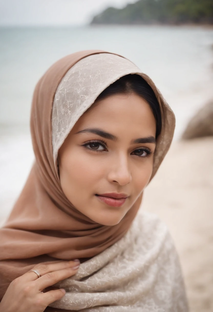 photo taken by a Leica 0-series camera, a Malay woman wearing a hijab undressing on the beach, both hands can be seen above, the photo is taken from the side , closeup face, closeup breasts
