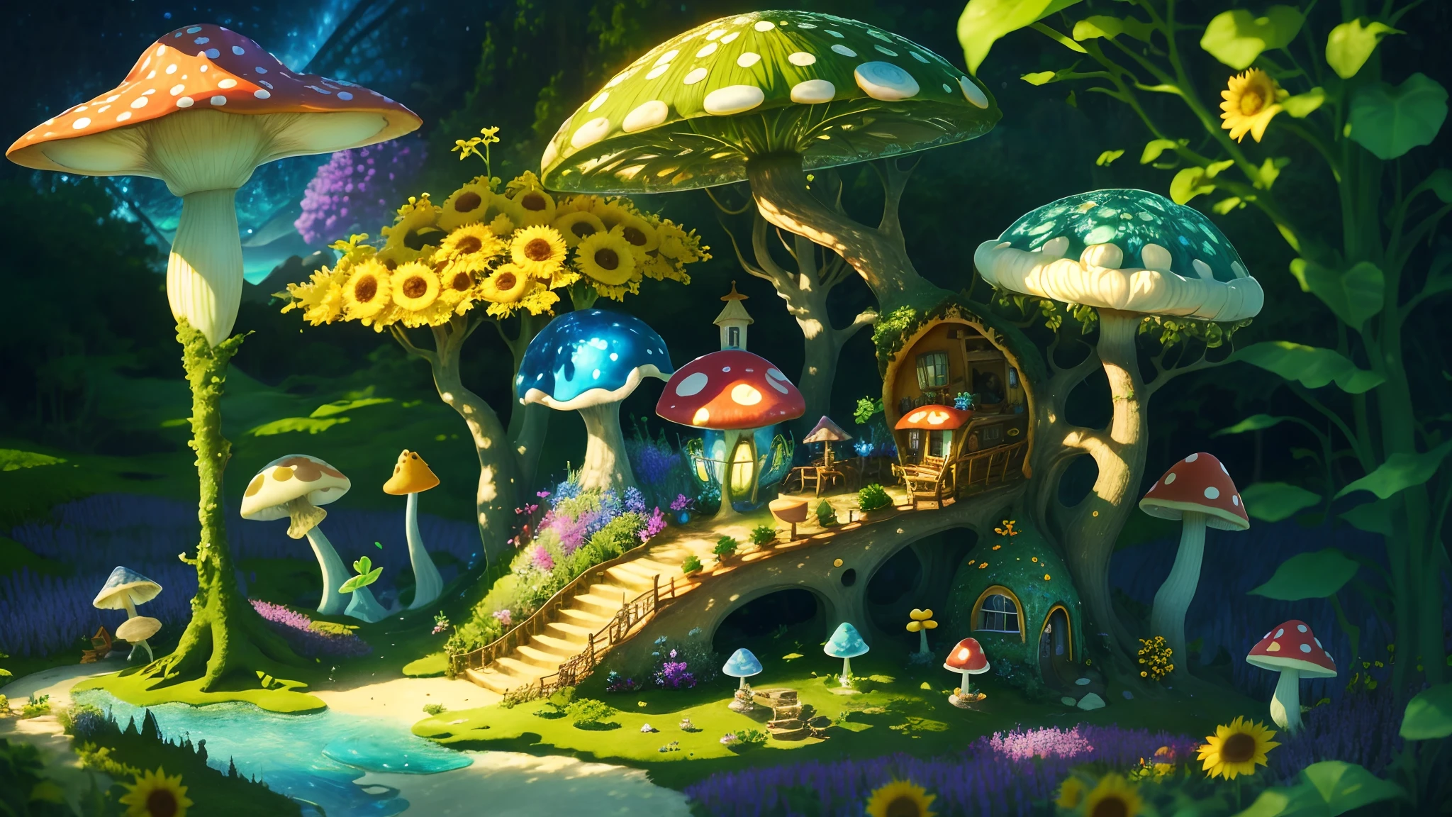 World in a bottle,A fairyland-like hideaway,Colorful mushroom house,a fairy world,summer day,beachside,rios,tree house,Sunflower fields,lavender,mountain ranges,mountain peaks,big trees,