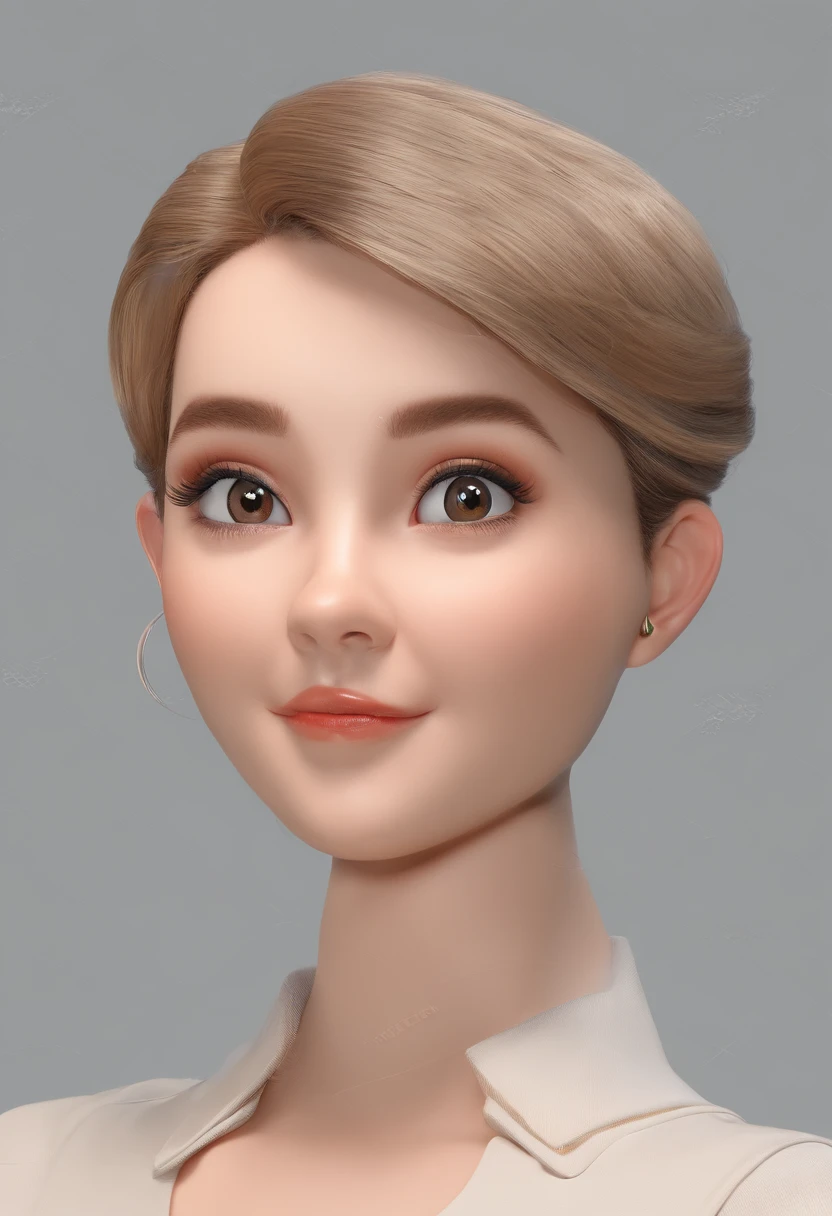 Round face of a girl with big eyes, Short hair slicked back, mouth closed, You can see the ears, looks straight, Doll Appearance, Portrait to the chest, Pattern, No background