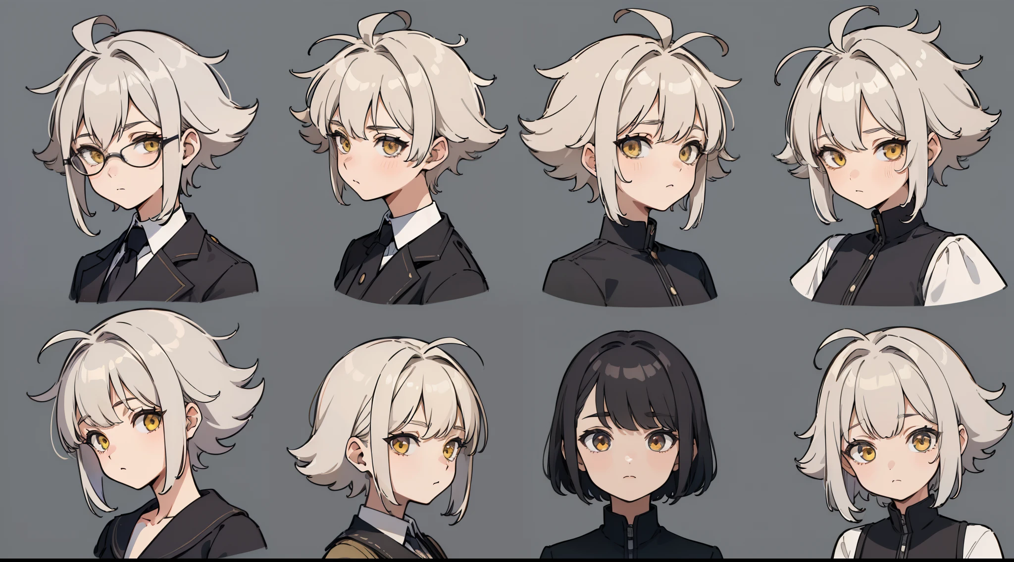 ((Masterpiece, Highest quality)), Detailed face, character sheets, full bodyesbian, 1boys,shoun,children's,Babe, Yellow eyes, Gray hair, short detailed hair, Messy hair, , hair between eye,Black loose blouse, Full of details, Multiple poses and expressions, Highly detailed, Depth, Many parts