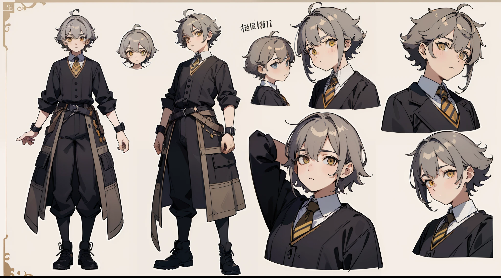 ((Masterpiece, Highest quality)), Detailed face, character sheets, full bodyesbian, 1boys,shoun,children's,Babe, Yellow eyes, Gray hair, short detailed hair, Messy hair, , hair between eye,Black loose blouse, Full of details, Multiple poses and expressions, Highly detailed, Depth, Many parts