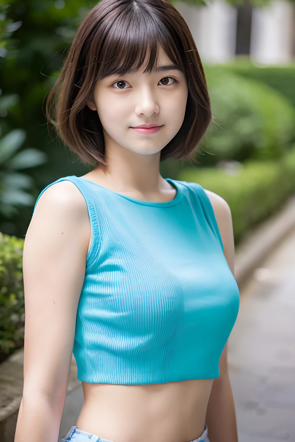 1  girl with short hair, adolable, Light blue top.