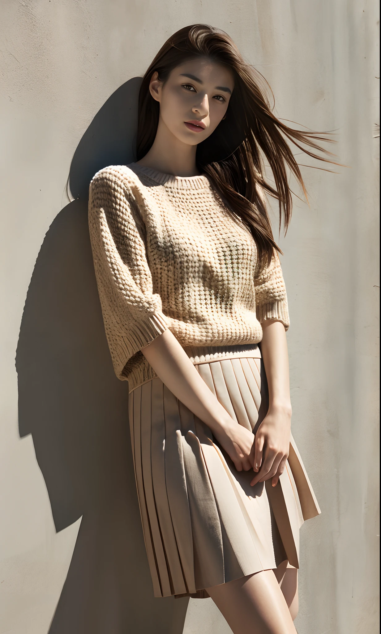 Pleated skirt, Knitted clothing, Beautiful girl model, (Natural Skin Texture, Hyper-Realism, Soft light, Edgy), 1 girl, Natural look, Asian girl with long hair, beautiful countenance