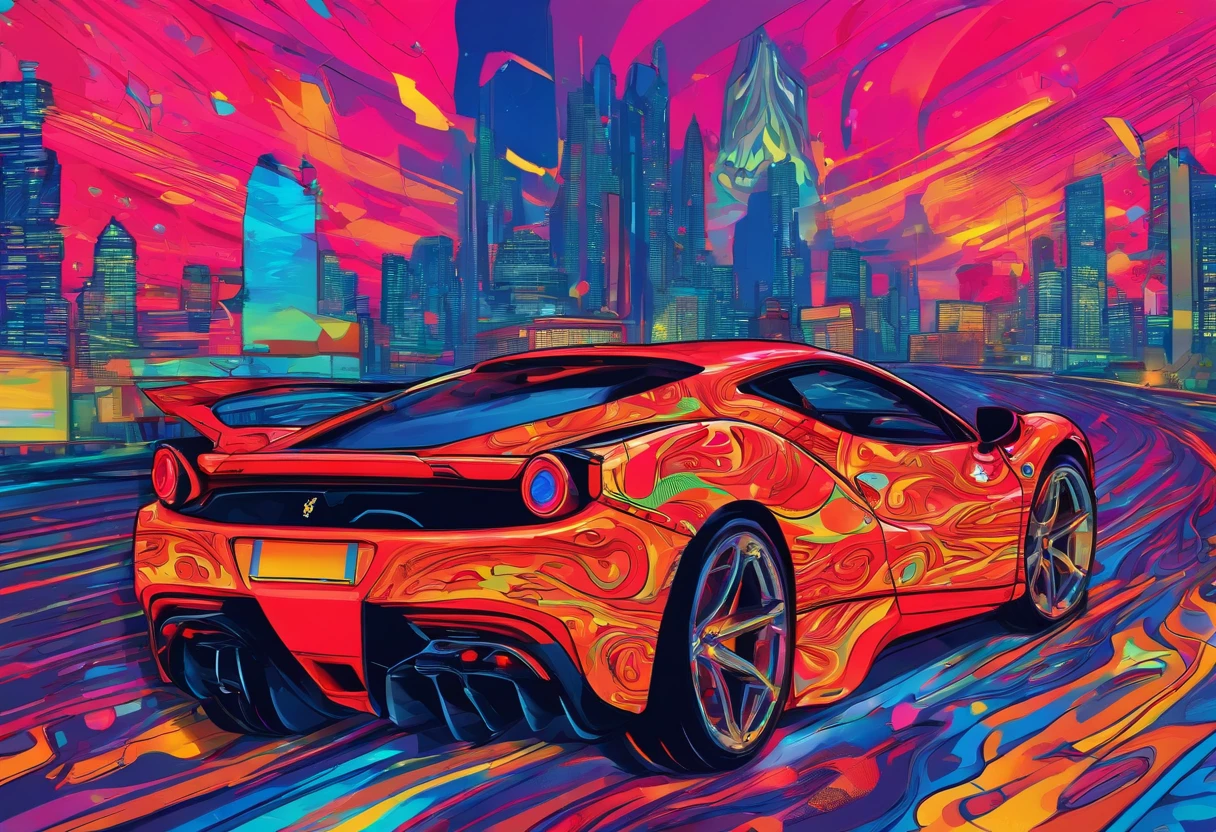 (Best quality, 8k, Masterpiece :1.2), hyper realistic, cyberpunk, at a mountain, an detailed red Ferrari 488, Speeding on the highway, (Facing the audience), The blue skyscraper in the background, at night,
