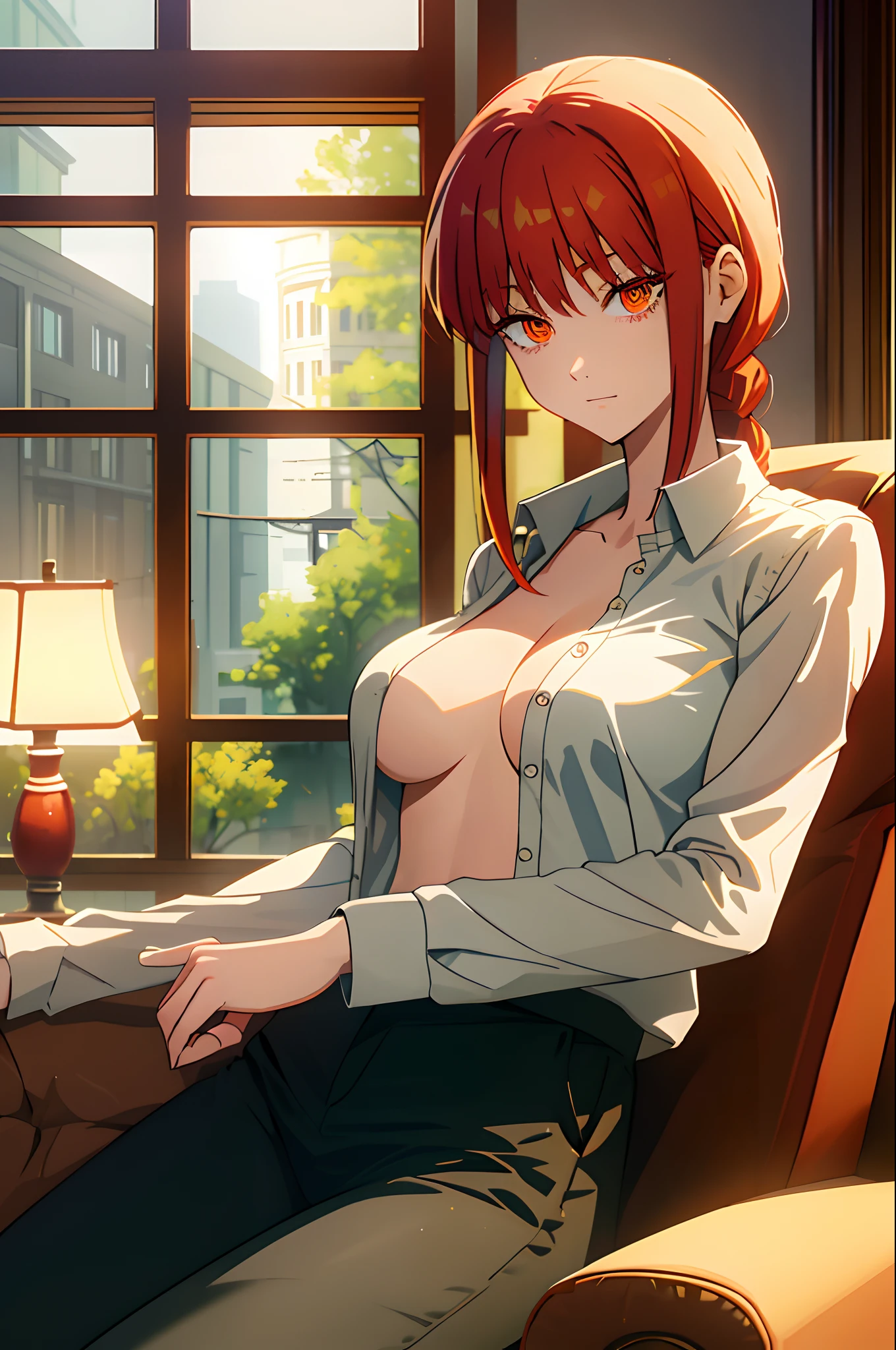 masterpiece, best quality, finely detailed, 1girl, (red hair), (bishoujo), cute, (orange eyes), (eyelashes), (huge breasts), (neckline), (white shirt: 1.2), (open shirt), sitting on a sofa, lamp, window, night, delicate interior design, makima, red hair girl