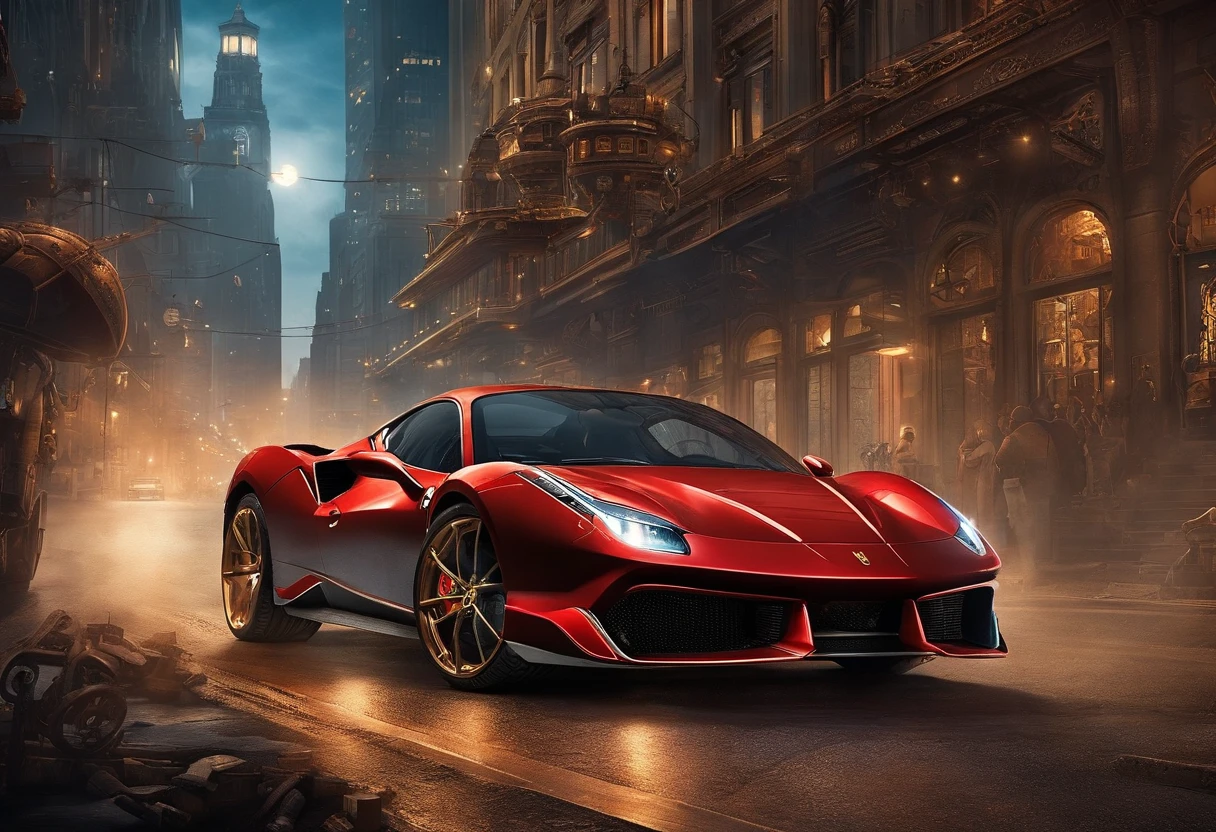 (Best quality, 8k, Masterpiece :1.2), hyper realistic, cyberpunk, at a mountain, an detailed red Ferrari 488, Speeding on the highway, (Facing the audience), The blue skyscraper in the background, at night,