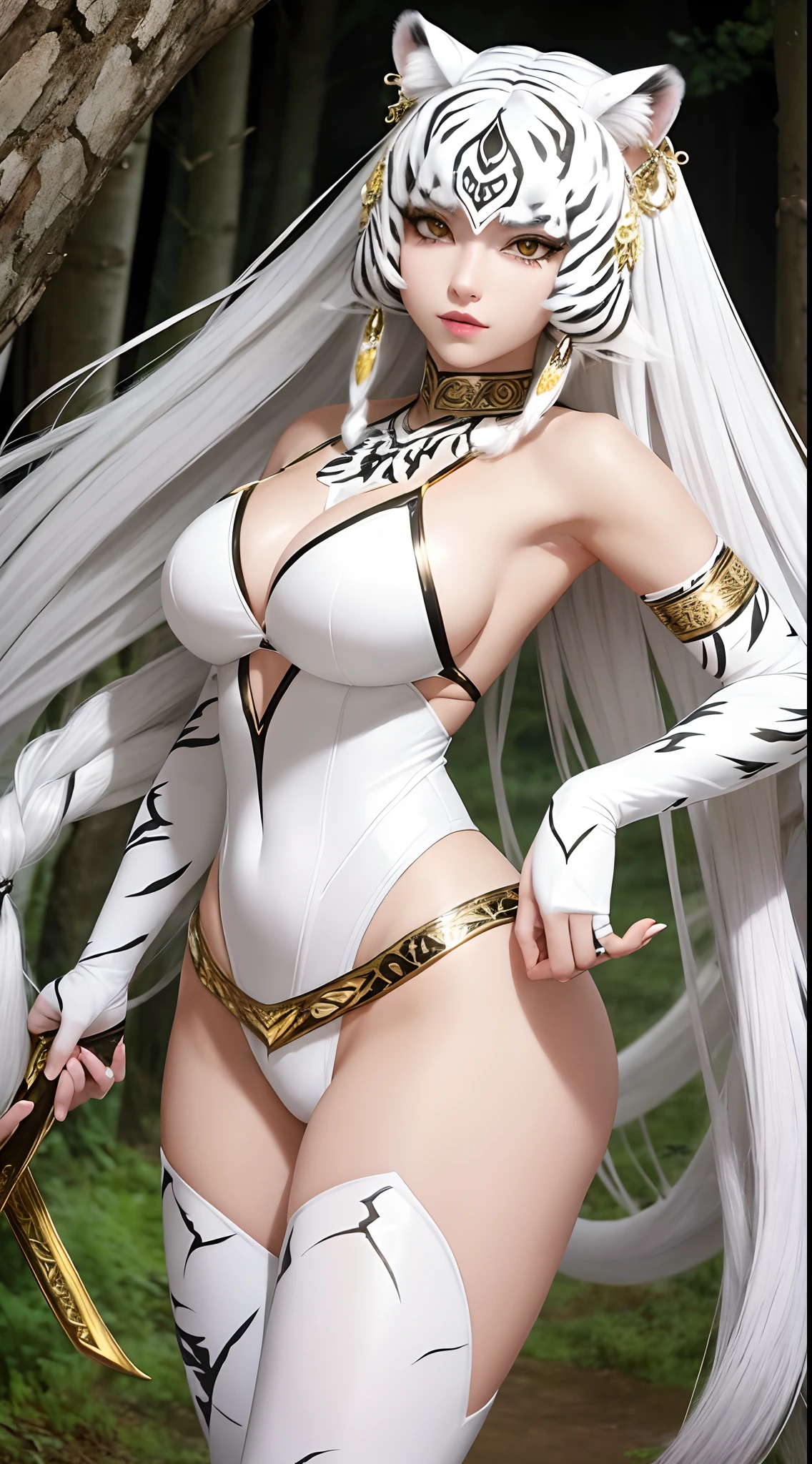 She is a white tiger beastman, so her skin is white and very beautiful、Wearing a white flashy costume、I wear a lot of accessories、Yellow eyes、White tiger print hair、Braids、Queen of the White Tiger Beastman Tribe、