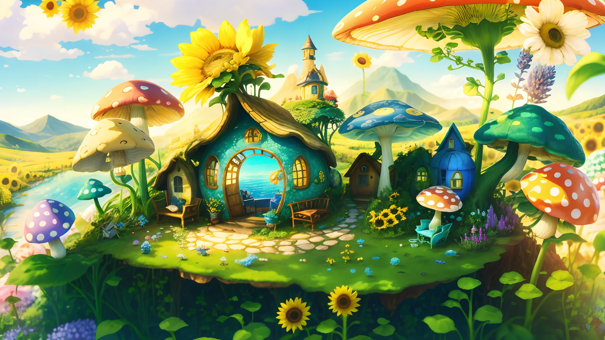 World in a bottle,A fairyland-like hideaway,Colorful mushroom house,a fairy world,summer day,beachside,rios,tree house,Sunflower fields,lavender,mountain ranges,mountain peaks,big trees,