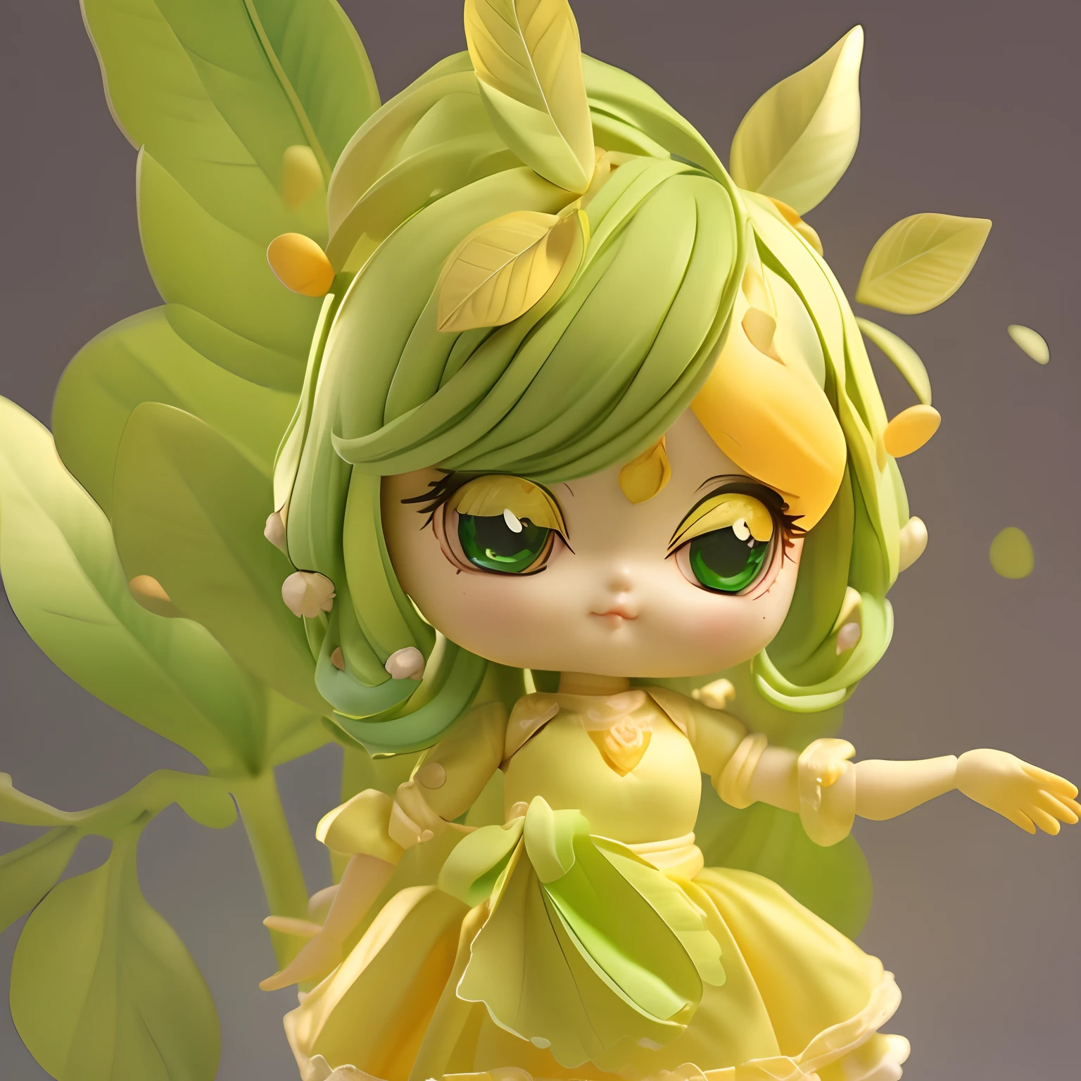 Doll doll design，Mango-shaped doll，Yellow-green gradient body，adorable big eyes，A few leaves on the head，Pouting than heart pose，facing to audience，Dumb cute，adolable，True light and shadow tracking，hyper-high detail，