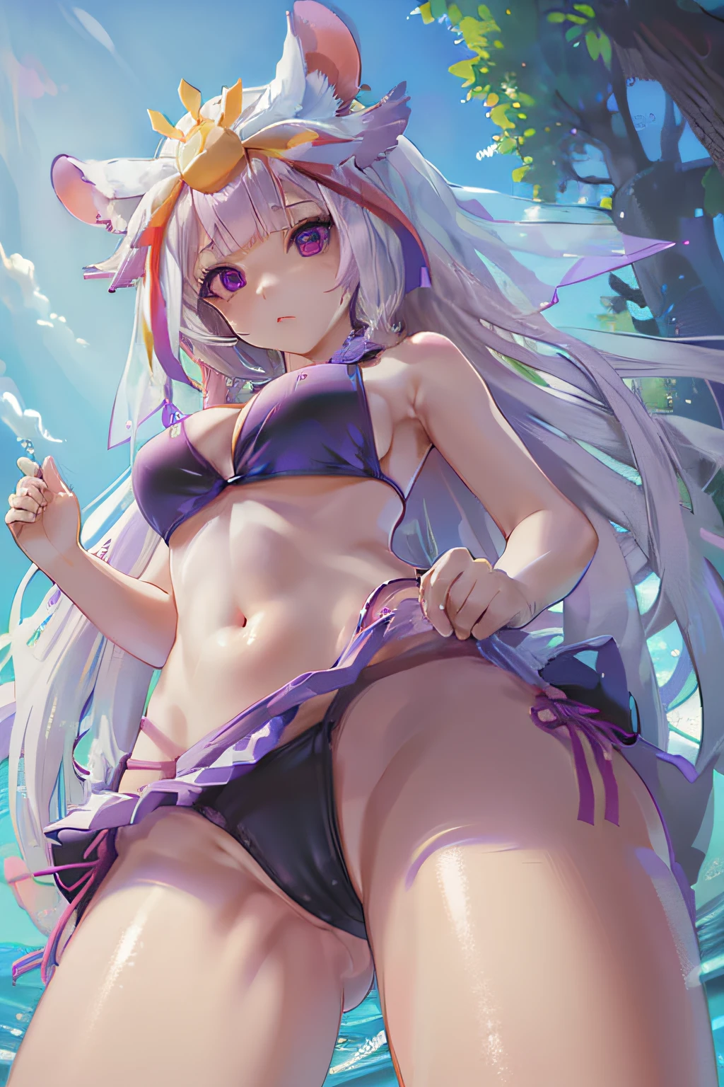 masterpiece, best quality, absurd Res, perfect anatomy, simple background, (((front views))), (((from below))), Mori Base, white long hair, (((larger breasts:0.9))), veil, hair ornament, white high socks, black geta, (((Purple side string bikini))), (((forget to wear bikini bottoms:1.3))), mouse close, outdoors, open field