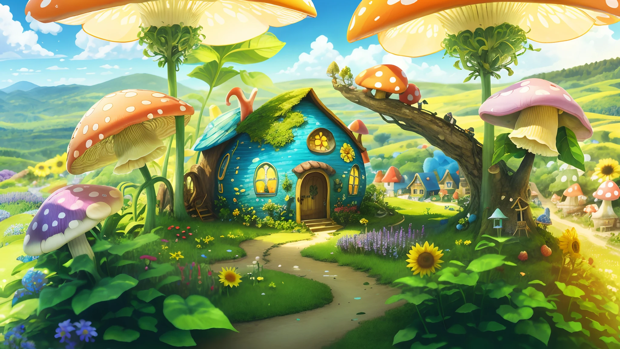 World in a bottle,A fairyland-like hideaway,Colorful mushroom house,a fairy world,summer day,beachside,rios,tree house,Sunflower fields,lavender,mountain ranges,mountain peaks,big trees,