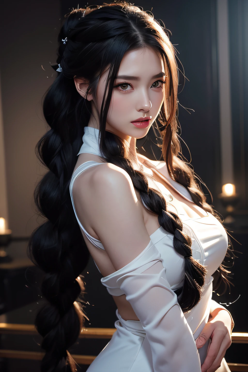 masutepiece, Highest Quality, (Solo Focus), (Perfect face:1.1), (high detailing:1.1), (ultradetailed eyes), Dramatic, Woman with pale skin and long voluminous black hair, White eyes, Solo, Long hair, Sephiroth, Moon, Night, White luxury dress suit, Covered navel, Pouty lips, furr, arrogant expression, rose garden, Detailed background, Art by Artgerm, Cinematic lighting, roses, Fashion, BalenciagaStyle、(curly hair in black and long braids、Bun１)