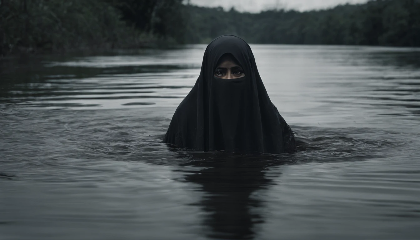 photo taken by Leica 0-series camera, Malay woman wearing hijab, bathing in the river, naked