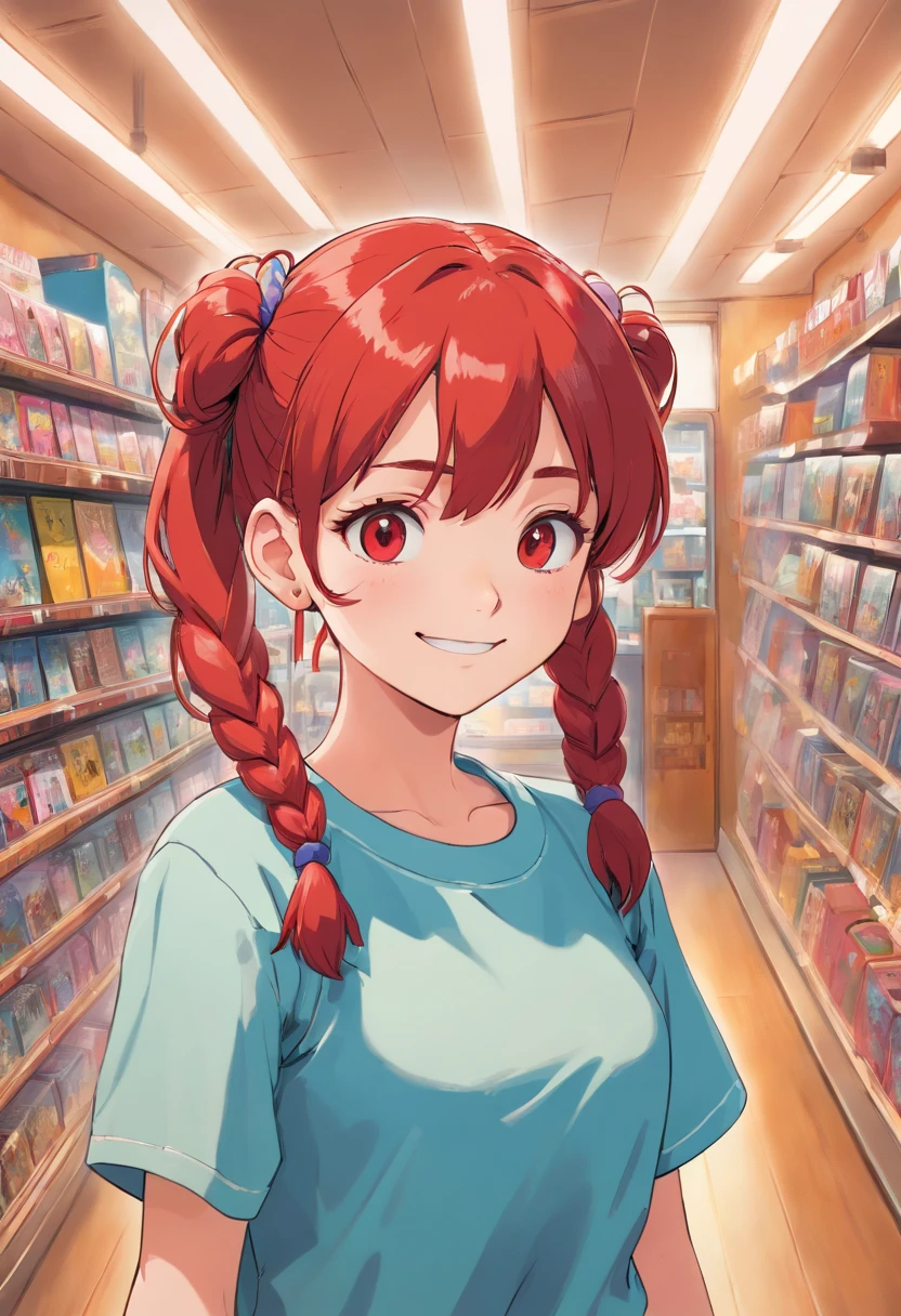 13 year old girl, Pigtails hairstyle, And red hair, With a depraved face, Wear 80s clothes, She is inside a vinyl store, a smile, Smartphone