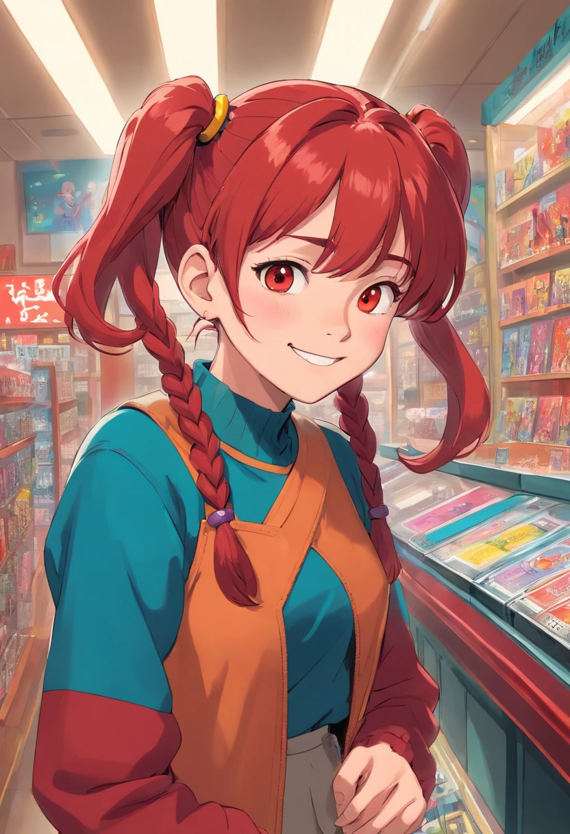  girl, Pigtails hairstyle, And red hair, With a depraved face, Wear 80s clothes, She is inside a vinyl store, a smile, Smartphone