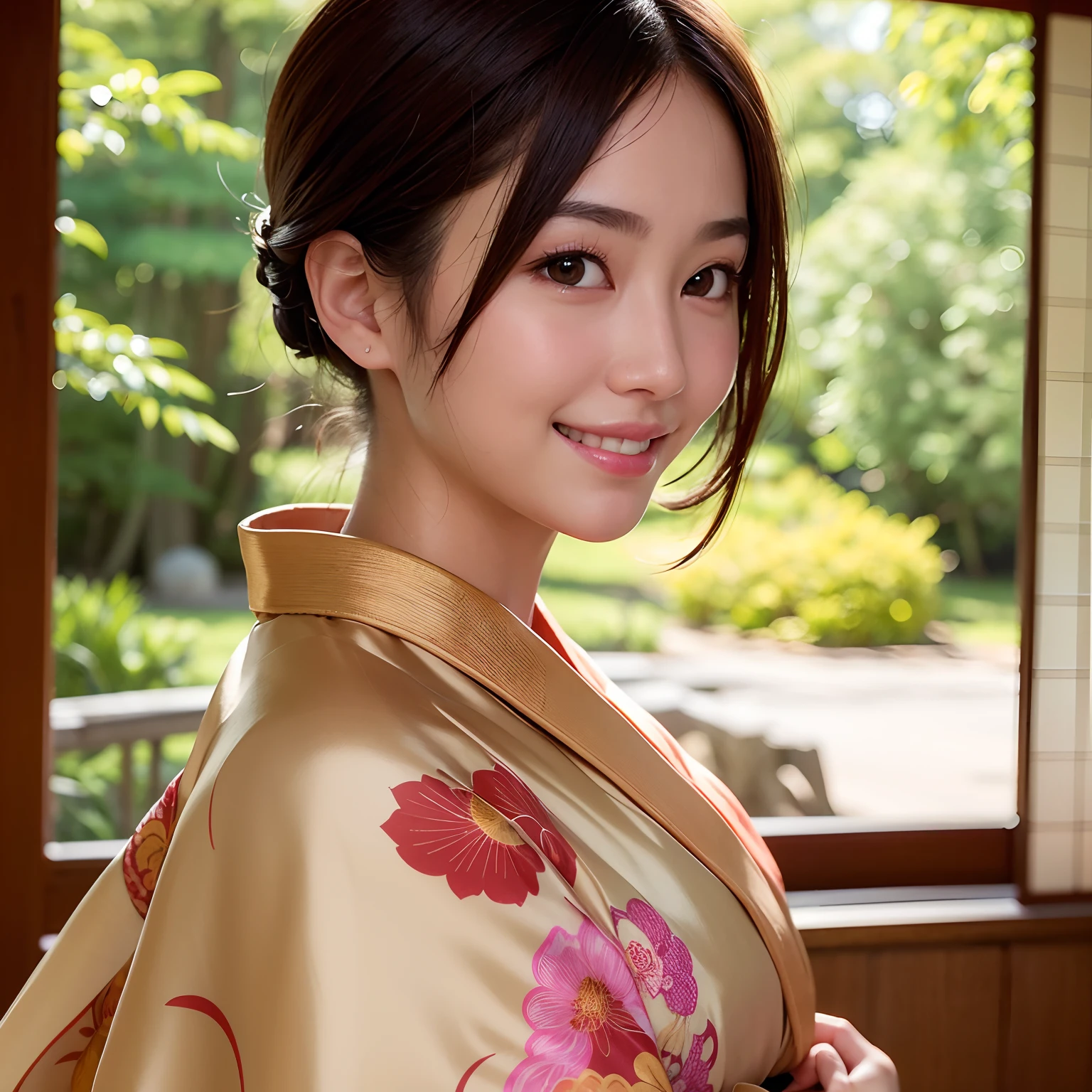 ((Best quality)), ((masterpiece)), ((realistic)), Girl with flawless beauty standing in a serene Japanese garden with cherry blossoms on eye level, scenic, masterpiece, (highres), original, extremely detailed 4K , (photorealistic:1.4),flawless face, perfect eyes, symmetrical body shape, smile