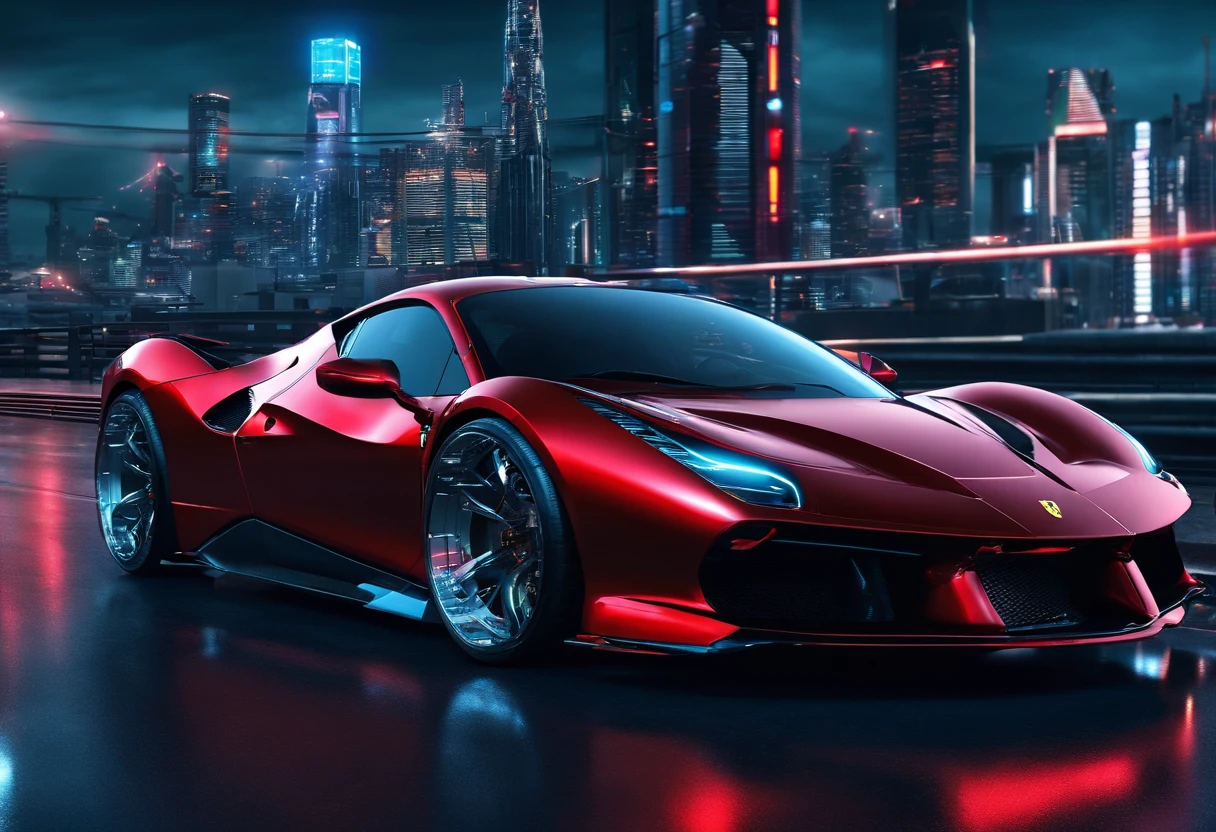 (Best quality, 8k, Masterpiece :1.2), hyper realistic, cyberpunk, at a mountain, an detailed red Ferrari 488, Speeding on the highway, (Facing the audience), The blue skyscraper in the background, at night,