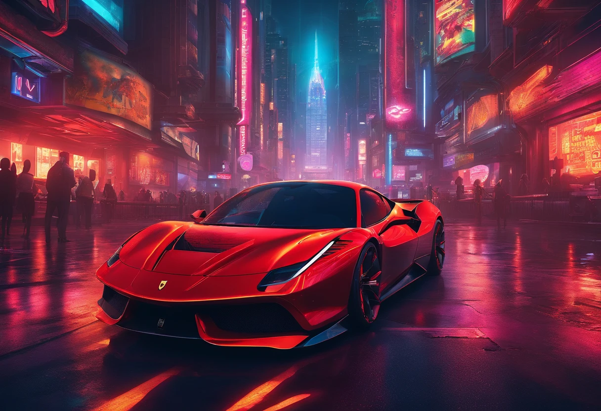 (Best quality, 8k, Masterpiece :1.2), hyper realistic, cyberpunk, at a mountain, an detailed red Ferrari 488, Speeding on the highway, (Facing the audience), The blue skyscraper in the background, at night,