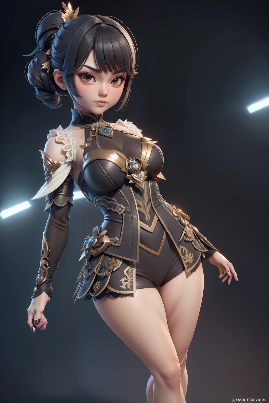 Impacto Genshin, Estilo 3D, 3DMM, pernas grandes, luz complexa, muito sensual, (sexy), renda no traje, over all view, top detalhado, top aberto, seios grandes, cabelos solto, tomara que caia,over all view, cintura descoberta, beautiful feet