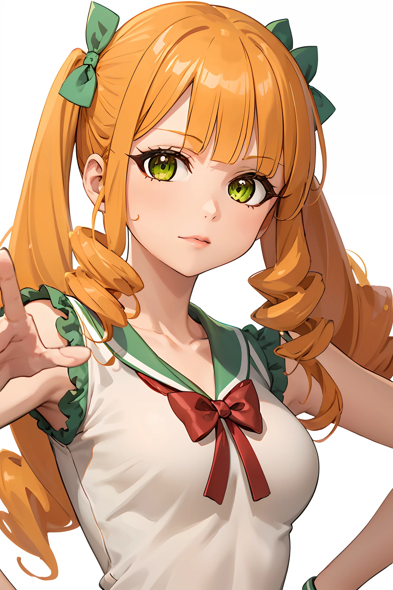 POMPONETTE, green eyes, long hair, hair bow, twintail, hair drill, orange hair, white dress, bow, 1girl, solo, upper body, large breasts, 5 fingers, detailed face, detailed eyes, detailed hair