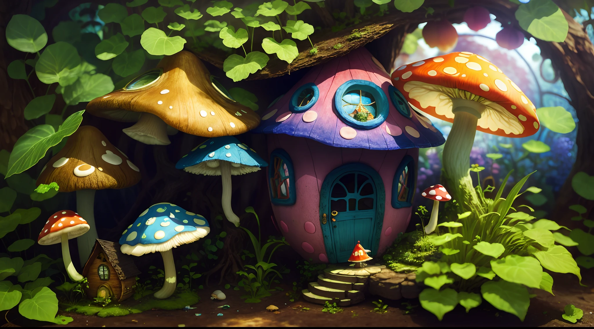 There is a small house with a blue door and a green door - SeaArt AI