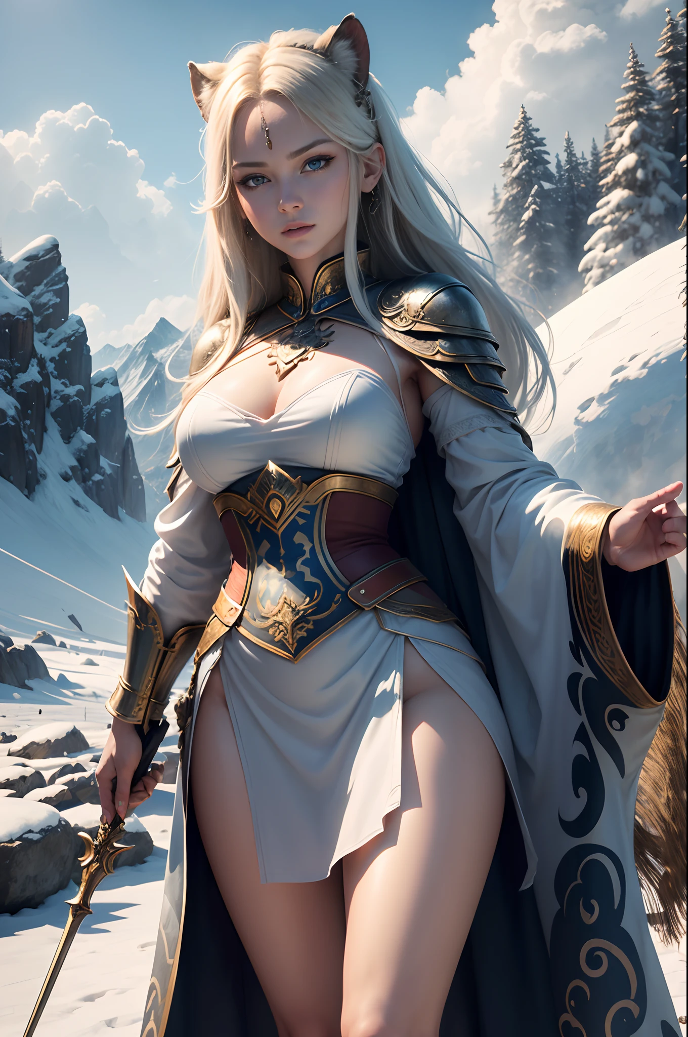 Staged photo, A beautiful girl is standing, proud, Beautiful, blonde, blue eyes, Goddess of the Hunt with a spear in her hand, Snow leopard nearby, expressive eyes, fangs, Front paws on a stone, high in the mountains, Tall mountain trees, Relic Forest, mountains, Clouds, blue skies, Bright, saturated colors, Xena Style: Warrior princess, HD quality, 3D фотореализм, ((Photos in HD quality, High Resolution)) Dynamic poses, ethereal, Mystical, высокая детализация 8k, 12), High Resolution, super detaill, analog style, soft-lighting, Subsurface dispersion, Realism, Shadow Depth, Masterpiece, Best Quality, ultra realistis, 8K, Complex, (Detailed), (Complex), (8K), (HDR), (sharp-focus), Perfect fingers, Highly detailed, expressive, Masterpiece, (High detail of skin and hair), ((Highly detailed eyes)), (very detailed clothes))))