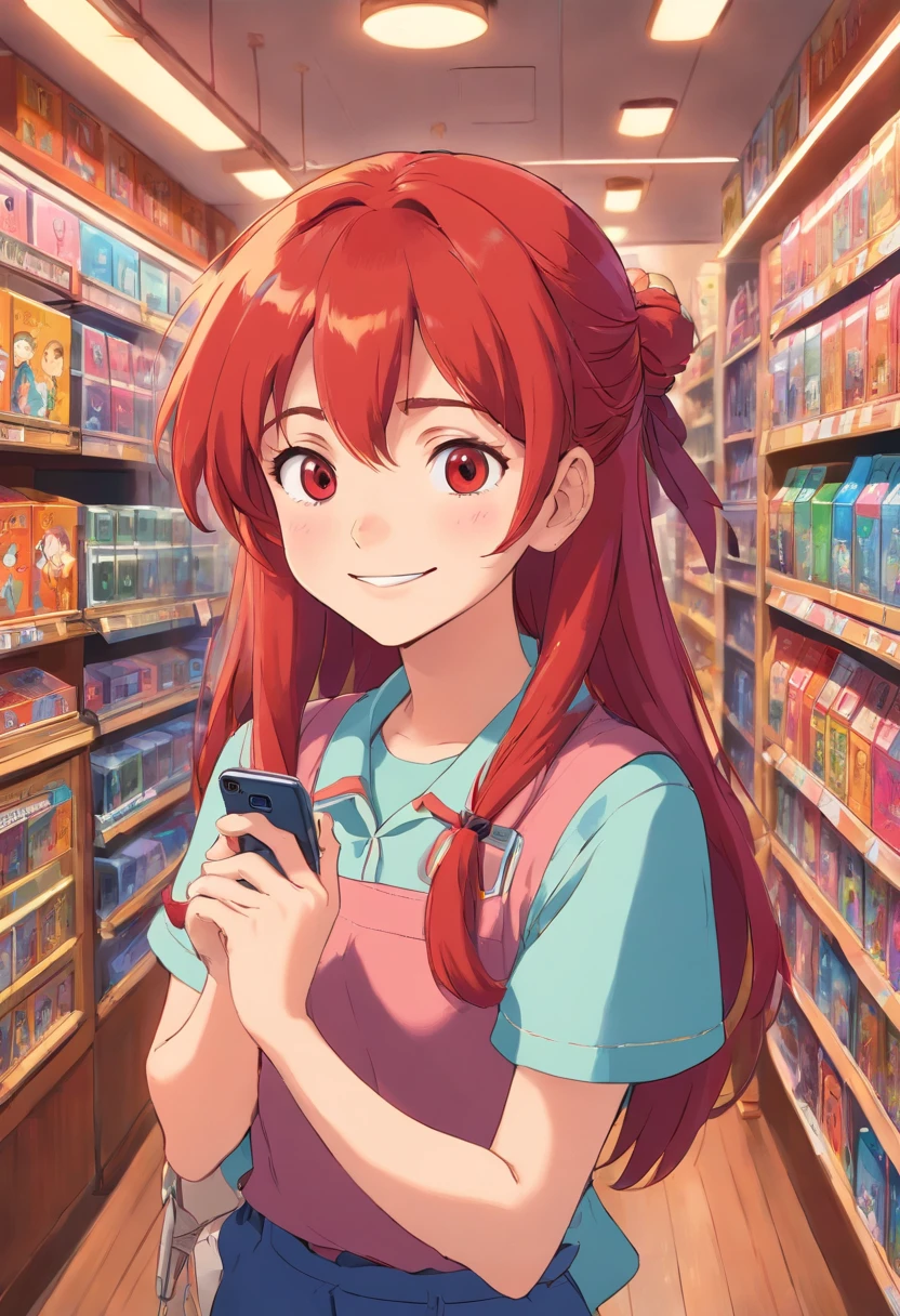 girl, Long, and red hair, With a depraved face, Wear 80s clothes, She is inside a vinyl store, A smile, Smartphone, (I have a smartphone)