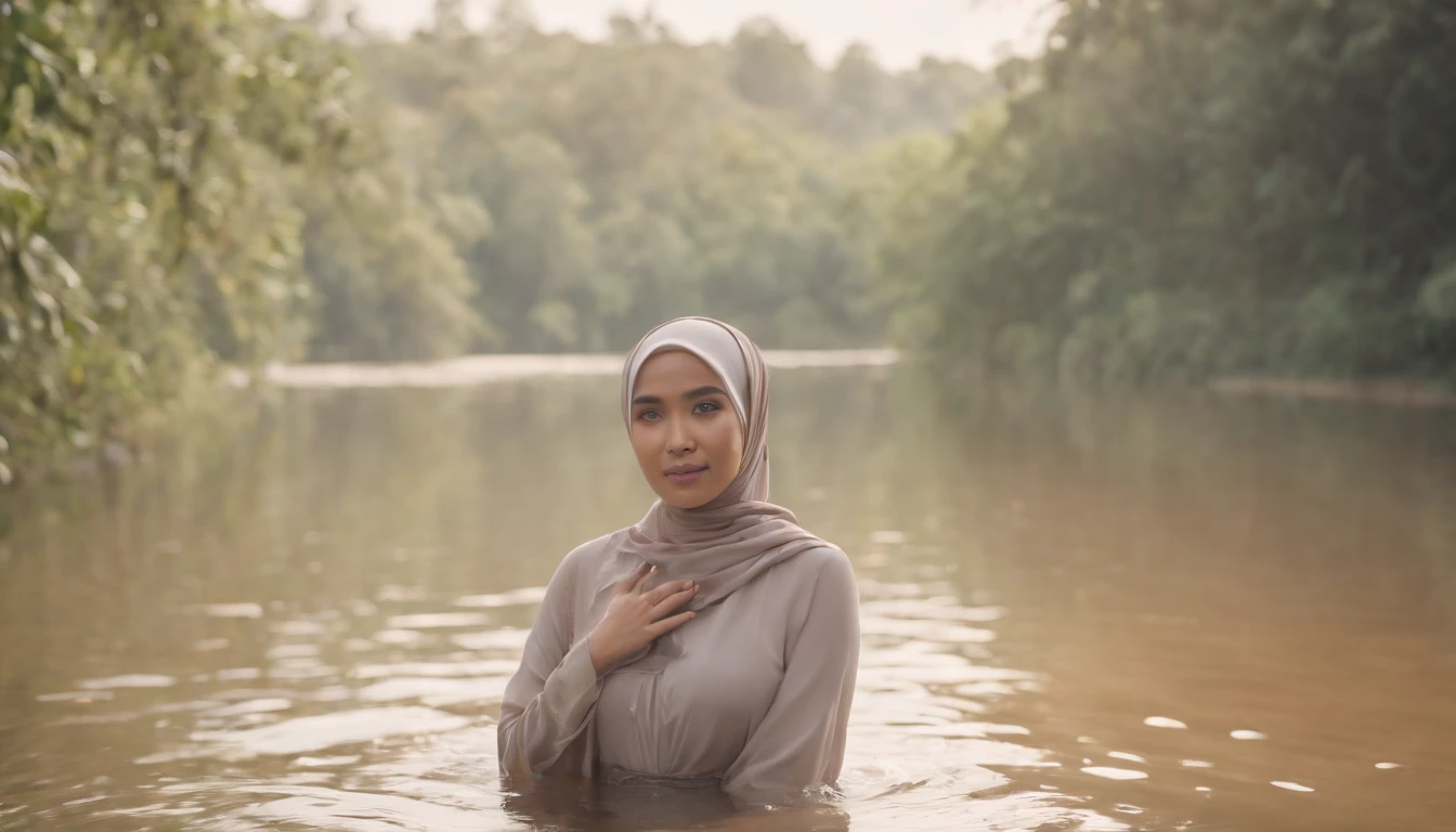 photo taken by Leica 0-series camera, Malay woman wearing hijab, bathing in the river, naked