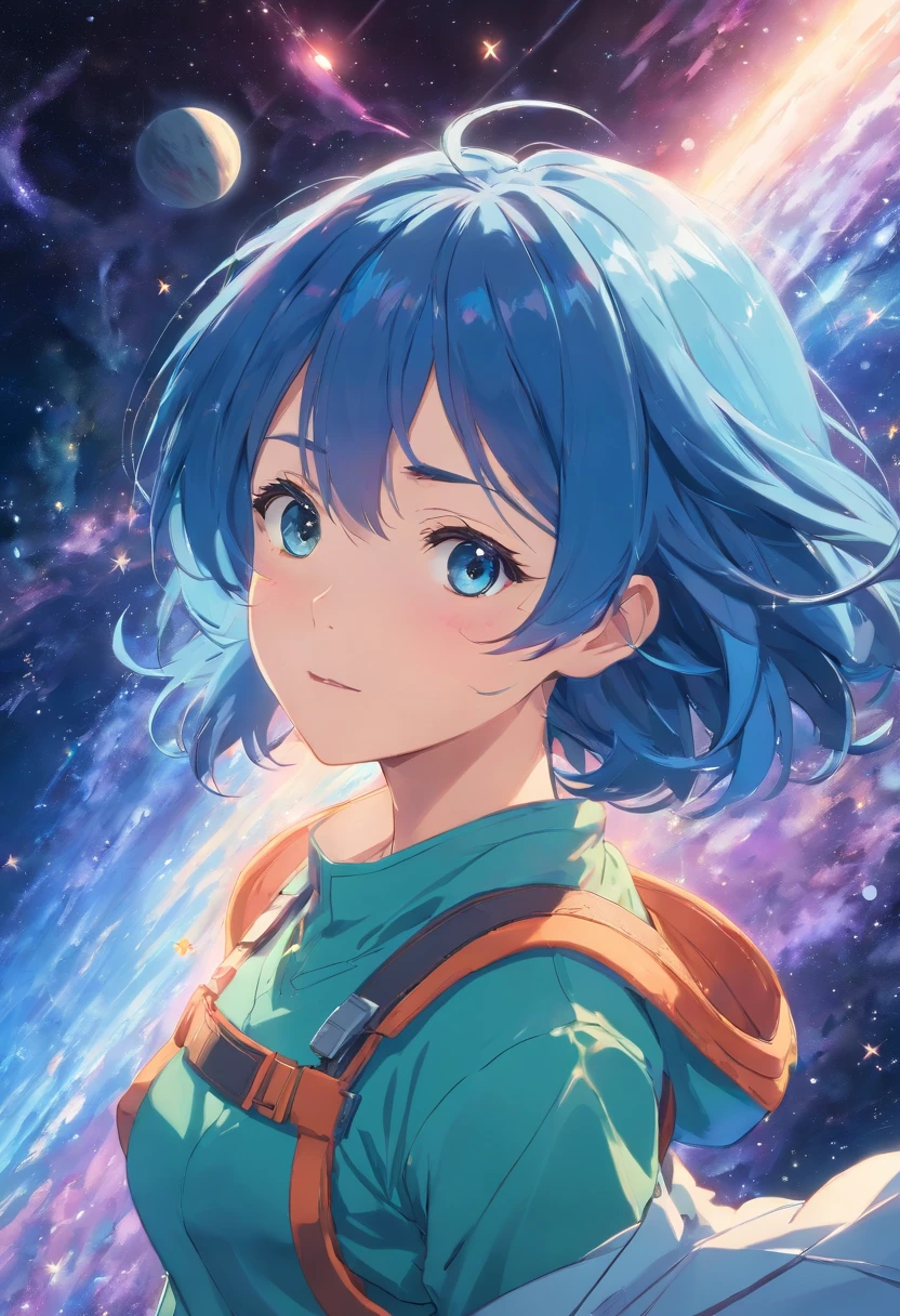 Best quality, Detailed, 4K, RAW photo, Masterpiece, Detailed face,, stars, planetes, milky ways, space,, Photo of Ansima flying in space, Blue hair, bangs, Long hair, view the viewer,