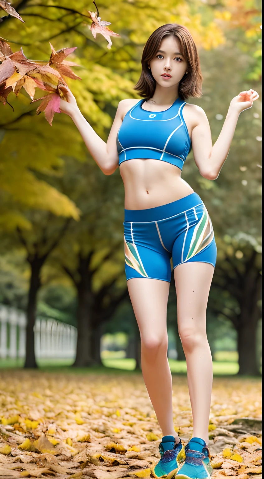 masutepiece, Best Quality, One girl, (Beautiful Girl:1.4), (18 years old:1.3), Very fine eye definition, (Symmetrical eyes:1.3), (fullllbody:1.3)、(Perfect body without contradiction、Perfect limbs without contradiction:1.8)、(Beautiful large breast、Constricted waist:1.4), Brown eyes, Parted bangs, Brown hair、 (In a park full of autumn leaves、in sexy pose、Rest after sports)、(Highly engineered running wear with thin fabrics:1.6)、(Clothing sticks to sweaty skin:1.4)