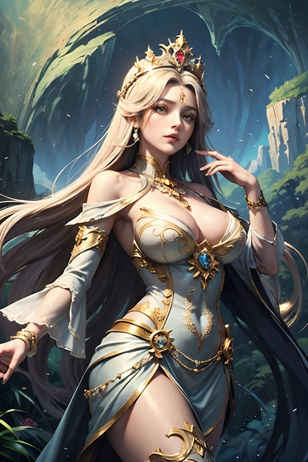 "(Masterpiece, Top Quality: 1.2), Official Art, Earth Goddess, Towering Over Mountains and Rivers, Holding the Planet Earth, Eyes (Deep Earthly Gaze: 1.3), Crown Adorned with Elements of Nature, (Gown of Majestic Landscapes: 1.4), (Immense Stature Amidst Earth's Beauty: 1.1), (Natural Background: 1.5), (Aura of Earthly Grandeur), Nature as Her Domain."