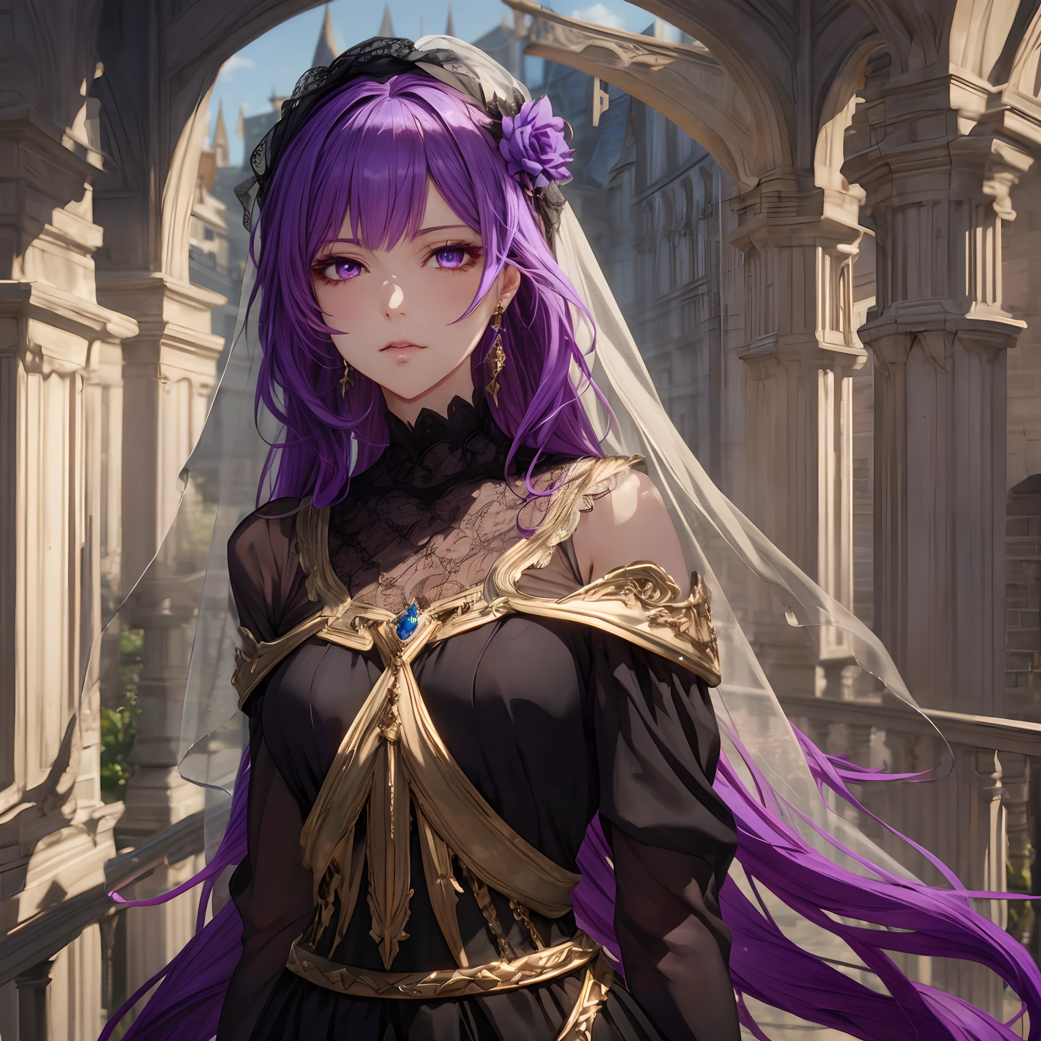 masterpiece, best quality, 1woman, adult, female focus, solo, purple hair, vibrant purple eyes, long hair, looking at viewer, closed mouth, Fantasy aesthetics, fantasy earring, Highly detailed, shadowverse style, veil