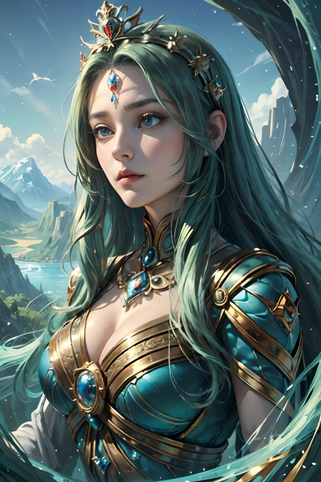 "(Masterpiece, Top Quality: 1.2), Official Art, Earth Goddess, Towering Over Mountains and Rivers, Holding the Planet Earth, Eyes (Deep Earthly Gaze: 1.3), Crown Adorned with Elements of Nature, (Gown of Majestic Landscapes: 1.4), (Immense Stature Amidst Earth's Beauty: 1.1), (Natural Background: 1.5), (Aura of Earthly Grandeur), Nature as Her Domain."