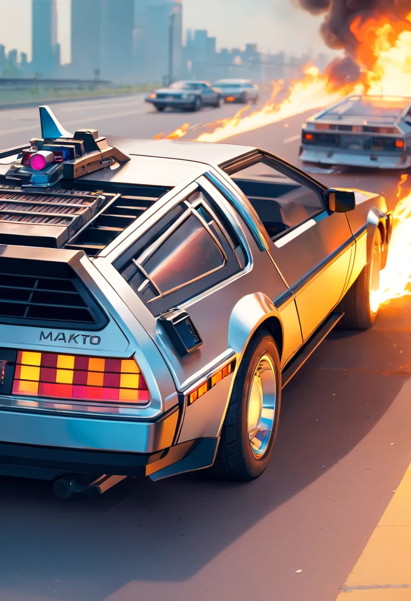 Fully customized DeLorean back-to-the-future car with nearby stop bumper and spoiler, Fire Sports Paint, neutral background