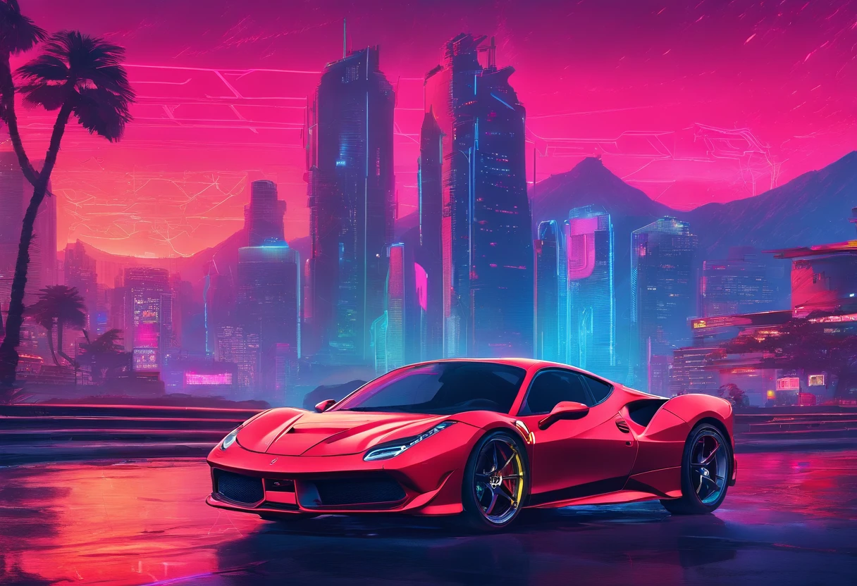 (Best quality, 8k, Masterpiece :1.2), hyper realistic, at a mountain, an detailed red Ferrari 488, Speeding on the highway, (Facing the audience), The blue skyscraper in the background, at night,
