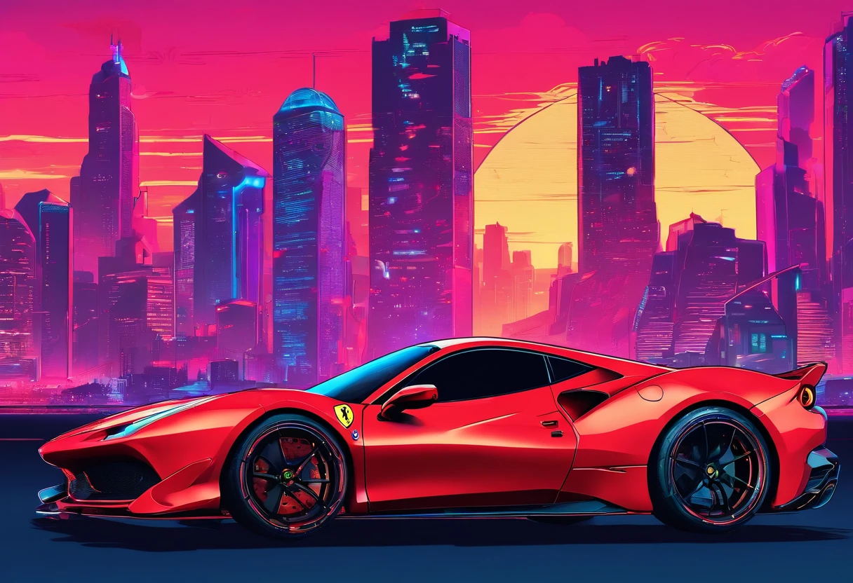(Best quality, 8k, Masterpiece :1.2), hyper realistic, at a mountain, an detailed red Ferrari 488, Speeding on the highway, (Facing the audience), The blue skyscraper in the background, at night,