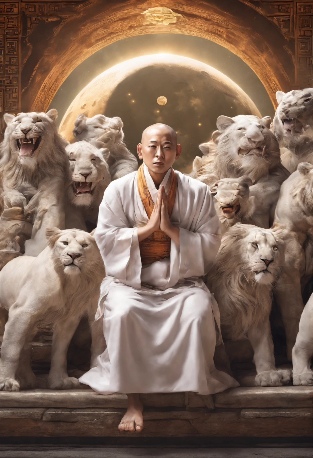 Chinese monk with lions,Divine light, Chinese to pray to heaven, In front of beauty, The moon rises, One hand forward, Relationship with the Buddha Lord, Photo portrait,8K surrealism。