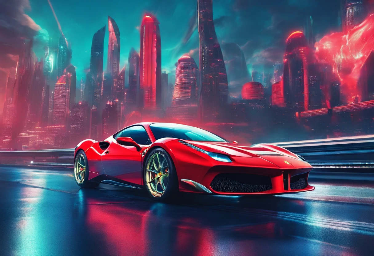 (Best quality, 8k, Masterpiece :1.2), hyper realistic, at a mountain, an detailed red Ferrari 488, Speeding on the highway, (Facing the audience), The blue skyscraper in the background, at night,