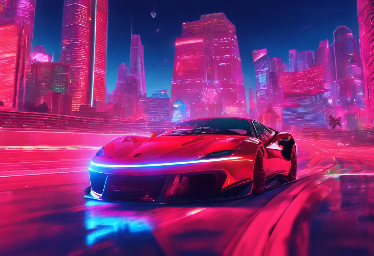 (Best quality, 8k, Masterpiece :1.2), hyper realistic, at a mountain, an detailed red Ferrari 488, Speeding on the highway, (Facing the audience), The blue skyscraper in the background, at night,