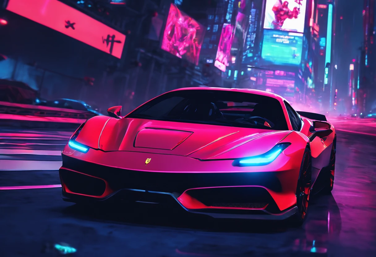 (Best quality, 8k, Masterpiece :1.2), hyper realistic, at a mountain, an detailed red Ferrari 488, Speeding on the highway, (Facing the audience), The blue skyscraper in the background, at night,