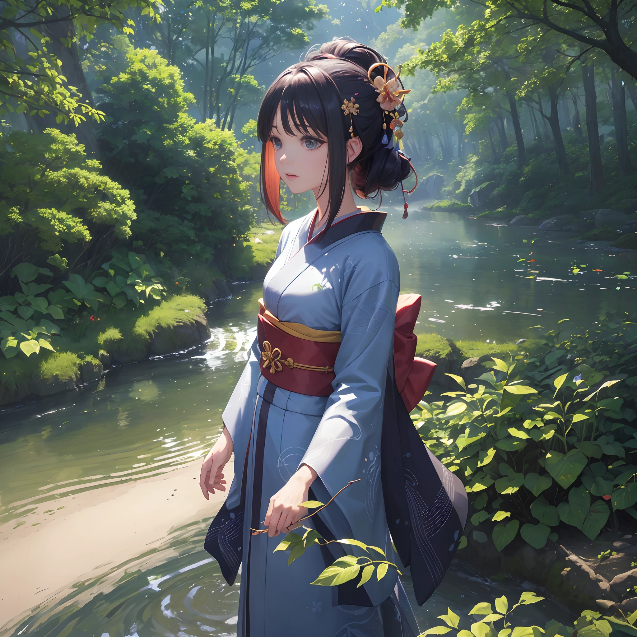 ​masterpiece、best qualtiy、Stunning reflections、Best reflection ever。 (Highly detailed CG Unity 8K wallpapers)、(top-quality)、(The best illustrations)、(Best Shadows)、(NOWAI)、((nighttime scene)、(nighttime scene))、Themes with natural elements、Quiet lake surface、Luminescent particle effect、(（1人の女性、40 years、adult lady、Beautiful face、Wearing a brightly colored kimono、Beautiful hair、length hair）)、（Natural elements）、（Brook theme）、（fronds）、（Twigs）、（delicate leaves)、(Glow)、(Particle effect)。 、Isometric 3D、Octane Rendering、raytrace、ultra-detailliert