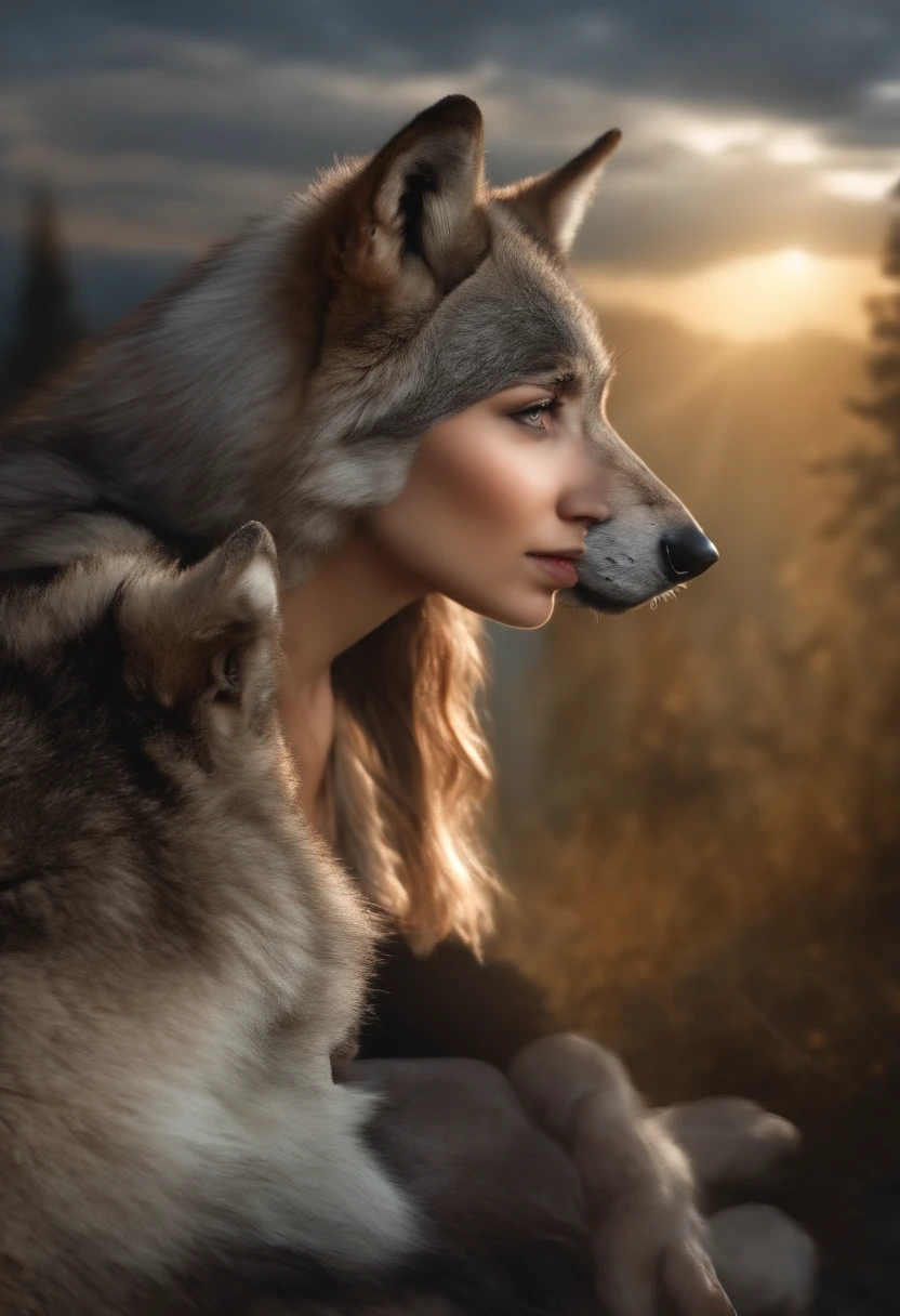 A huge wild gray wolf protecting a beautiful girl
(masterpiece: 1.5) (photorealistic: 1.1) (bokeh) (best quality) (detailed skin texture pores hair: 1.1) (intricate) (8k) (HDR) (wallpaper) (cinematic lighting) (sharp focus )