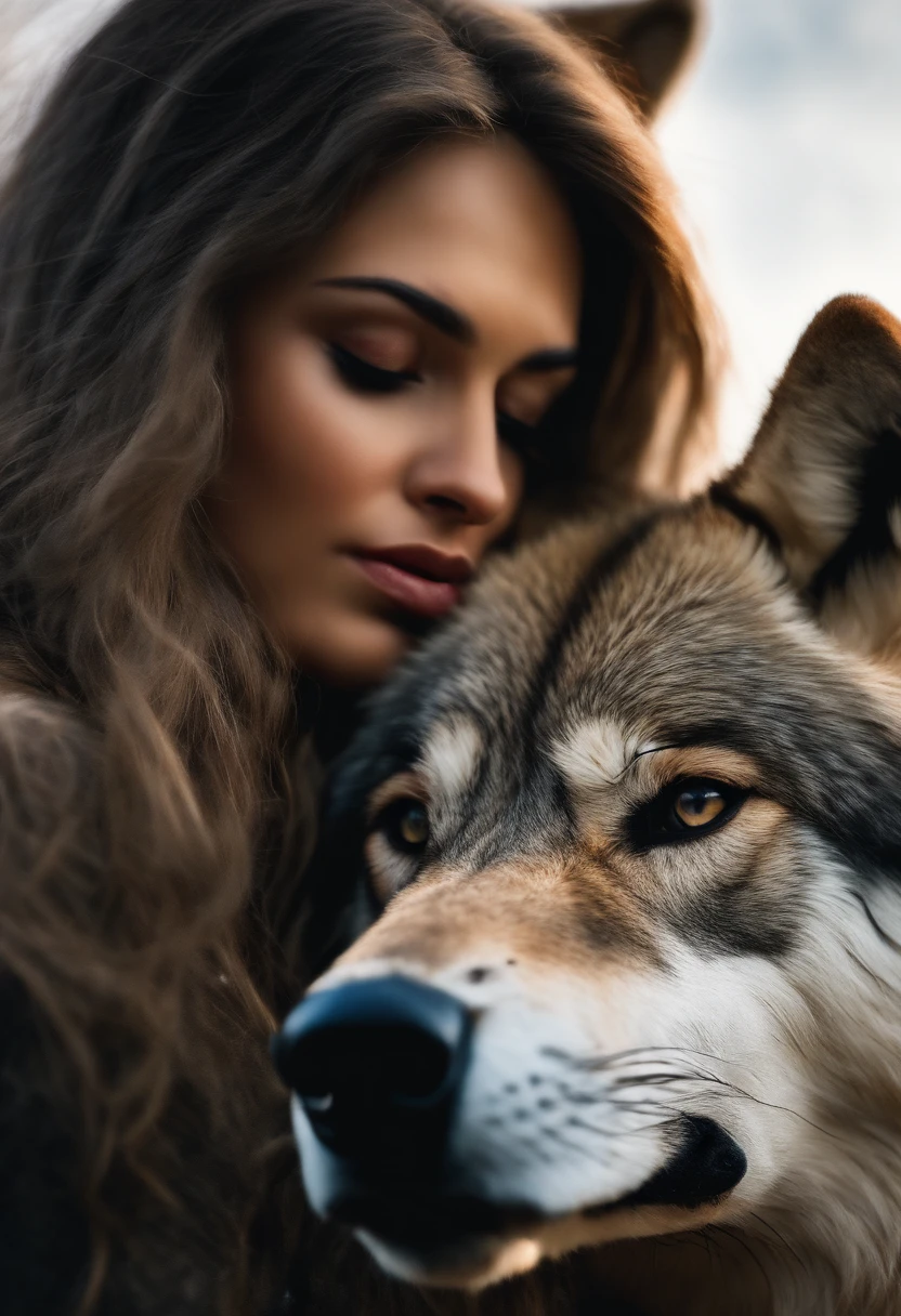 A huge wild gray wolf protecting a beautiful girl
(masterpiece: 1.5) (photorealistic: 1.1) (bokeh) (best quality) (detailed skin texture pores hair: 1.1) (intricate) (8k) (HDR) (wallpaper) (cinematic lighting) (sharp focus )