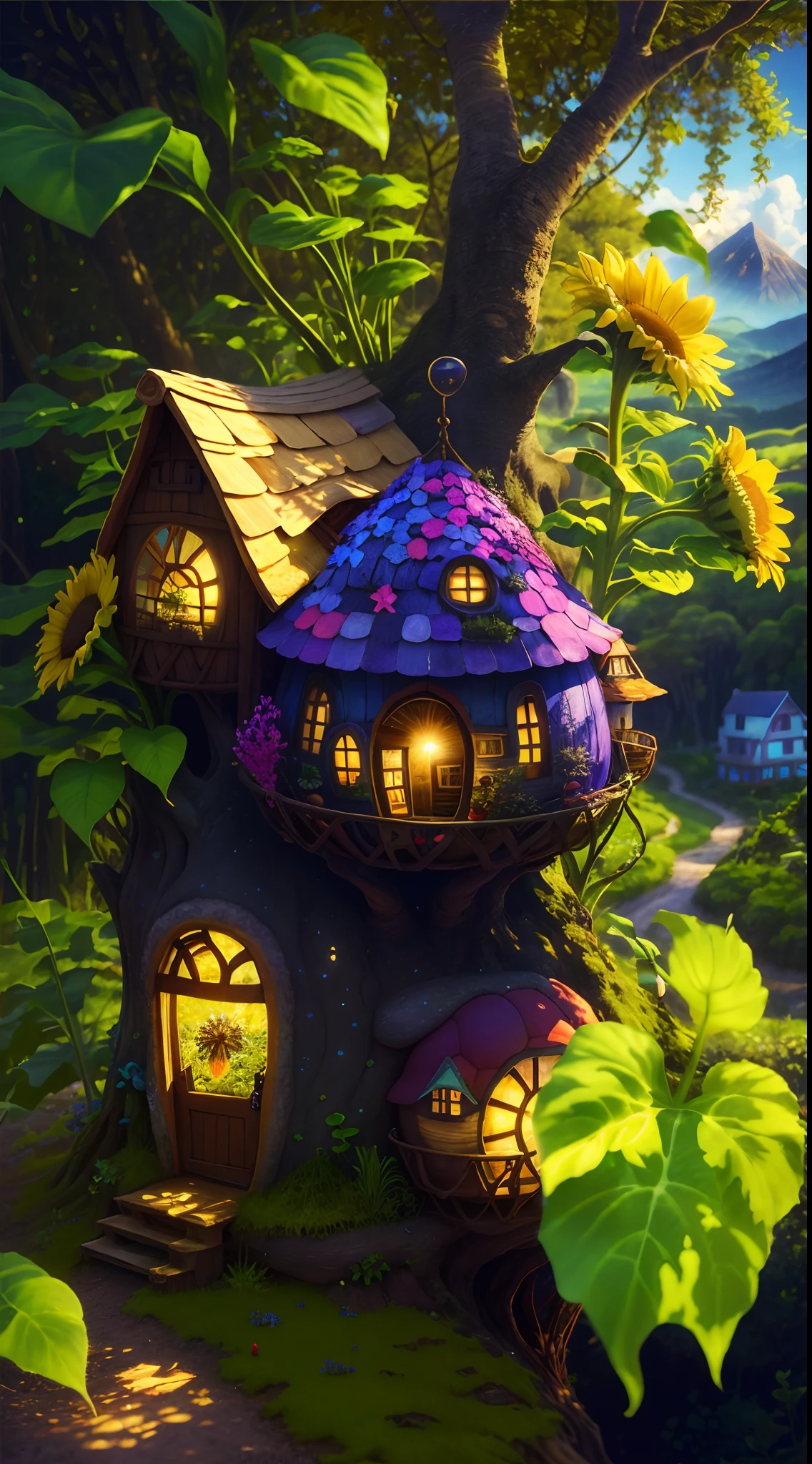 World in a bottle，A fairyland-like hideaway，Colorful mushroom house，a fairy world，summer day，beachside，rios，tree house，Sunflower fields，lavender，mountain ranges，mountain peaks，big trees，