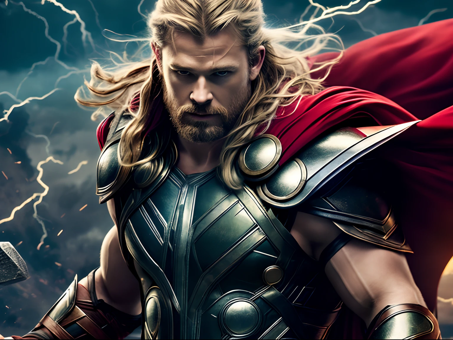 Dynamic representation of Thor, the God of Thunder, wallpaper hd, in the style of vivid energy explosions, 8k, realistic and hyper-detailed renderings, precisionist art, photorealistic scenes, epic, glassy translucence, detailed and intricate environment, unreal engine, strong facial expression.