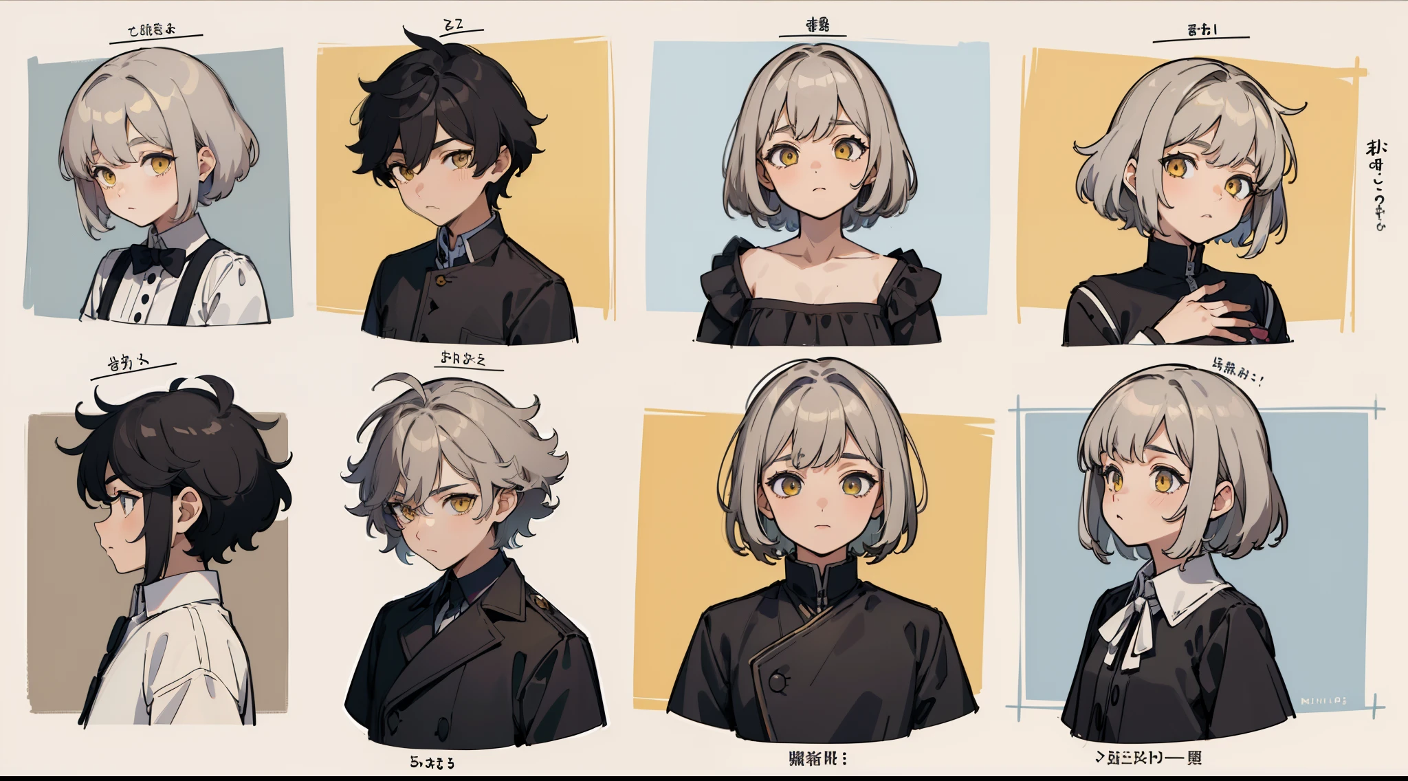 ((Masterpiece, Highest quality)), Detailed face, character sheets, full bodyesbian, 1boys,shoun,children's,Babe, Yellow eyes, Gray hair, short detailed hair, Messy hair, , hair between eye,Black loose blouse, Full of details, Multiple poses and expressions, Highly detailed, Depth, Many parts