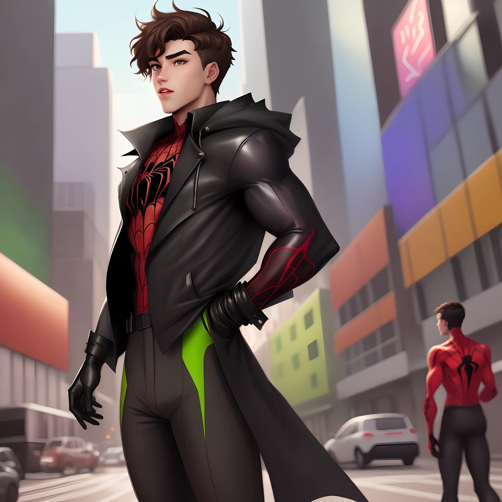 Spiderverse comic ((male oc))with [dark brown] hair, [fluffy and short] hair, [dark brown] eyes, [green] power, in the [the city], pale, [18] goth Korean