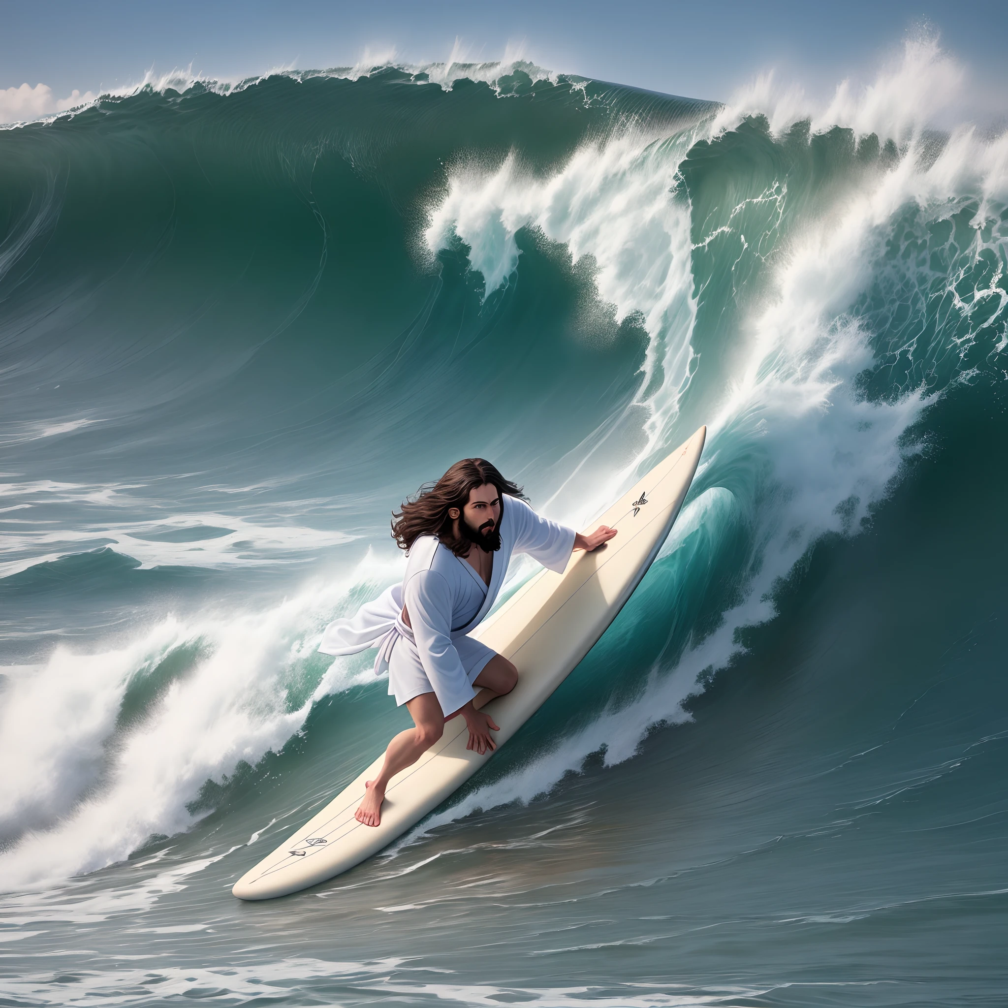 Jesus surfing a wave on a surfboard in a robe