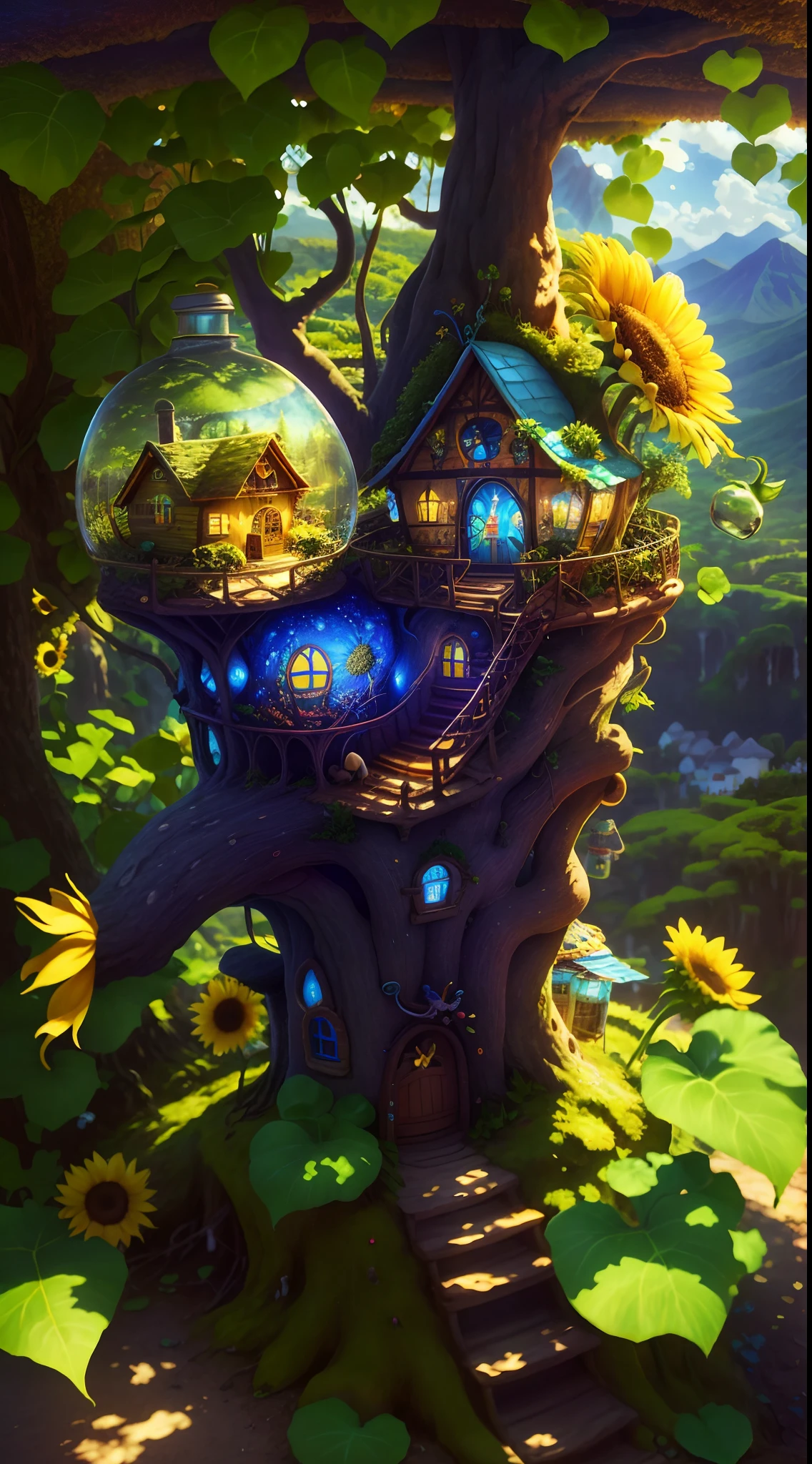 World in a bottle,A fairyland-like hideaway,Colorful mushroom house,a fairy world,summer day,beachside,rios,tree house,Sunflower fields,lavender,mountain ranges,mountain peaks,big trees,