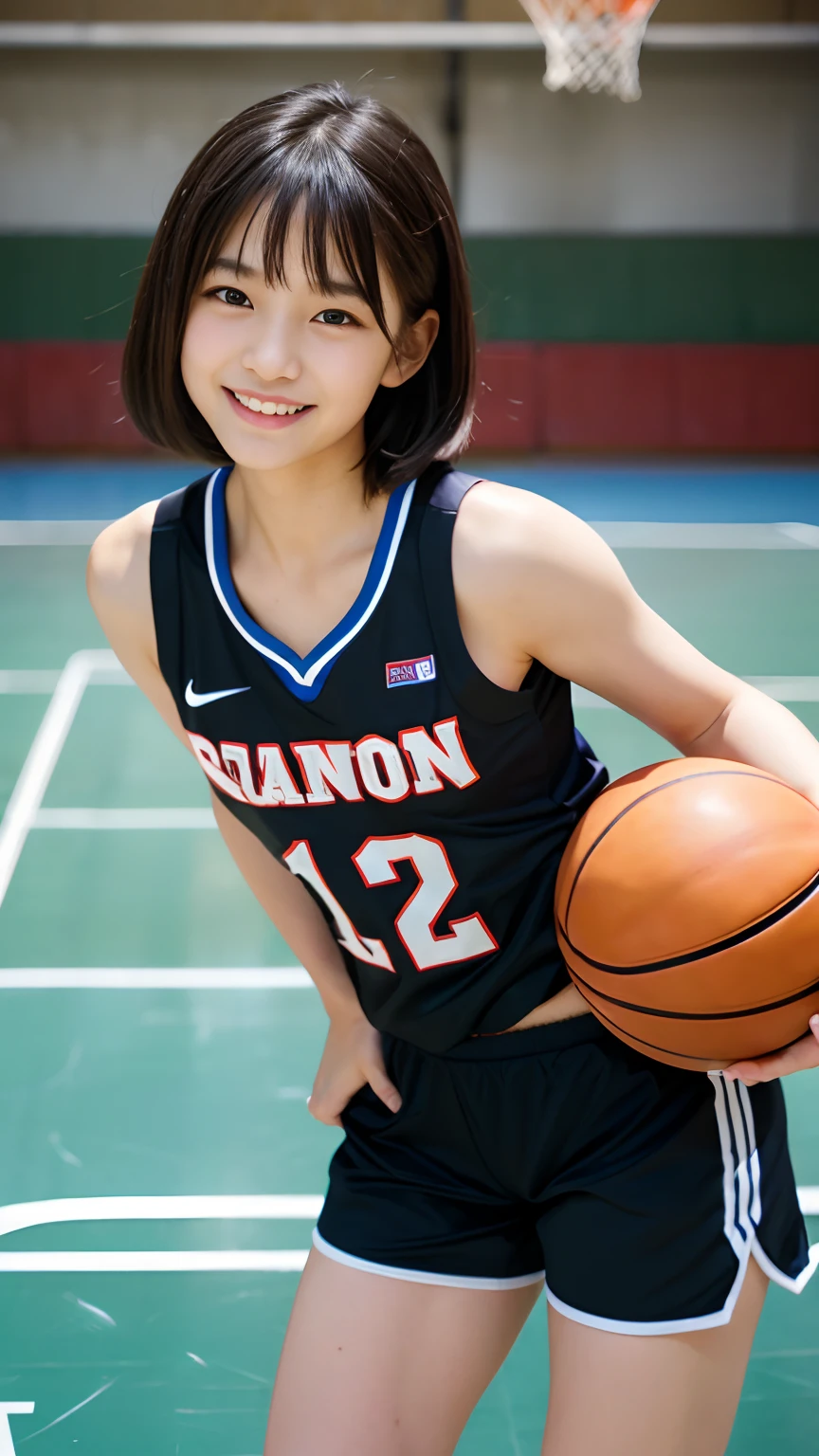 feminine、1 Lady Solo, /(volleyball uniform/), /(dark brown hair/) , A light smile with blushing cheeks, (A masterpiece of the highest quality:1.2) Super detailed and delicate illustrations, BREAK /(Indoor volleyball court/)、short hair